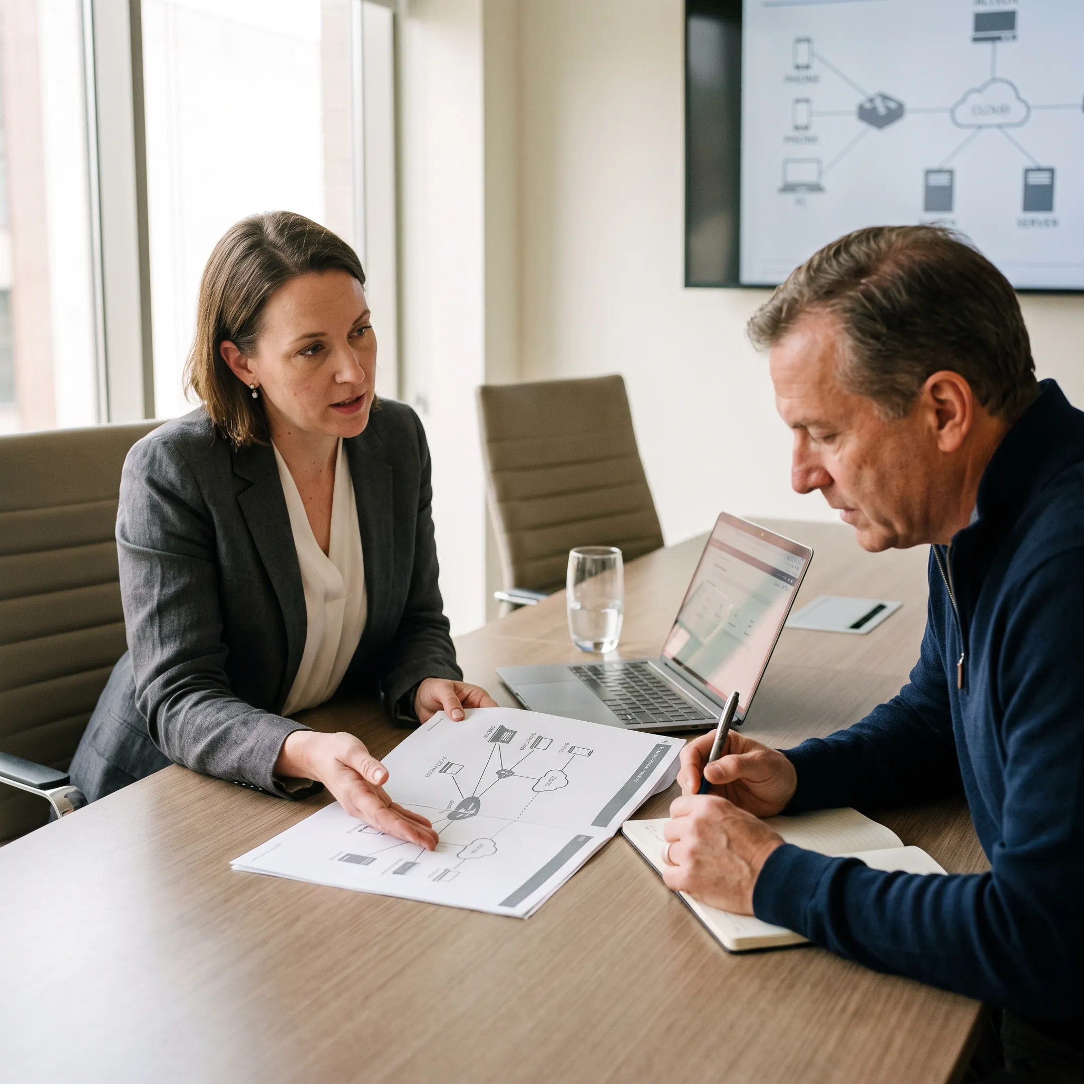 Consultant reviewing business connectivity and communication solutions with a client