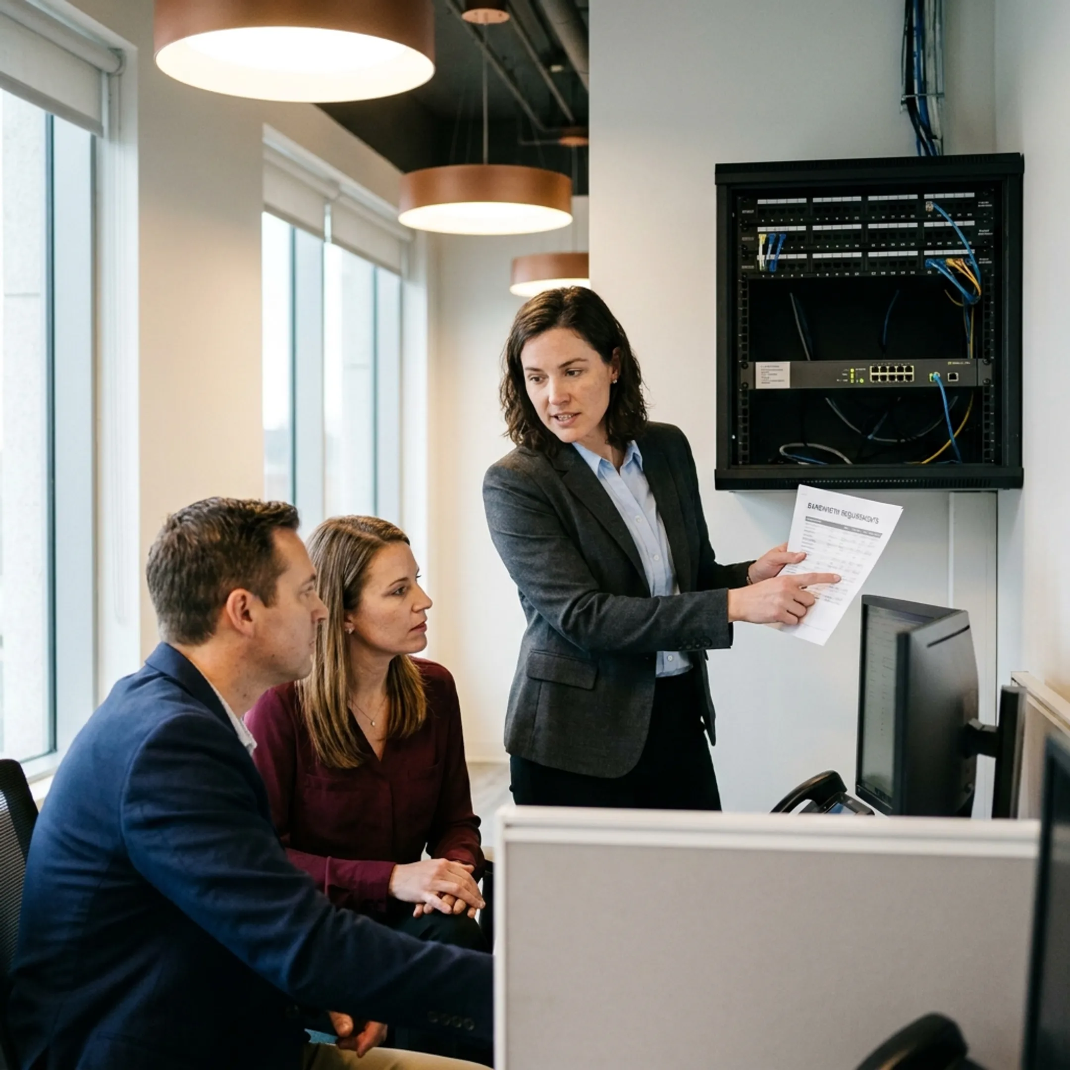 Technician reviewing business fibre connectivity in an office