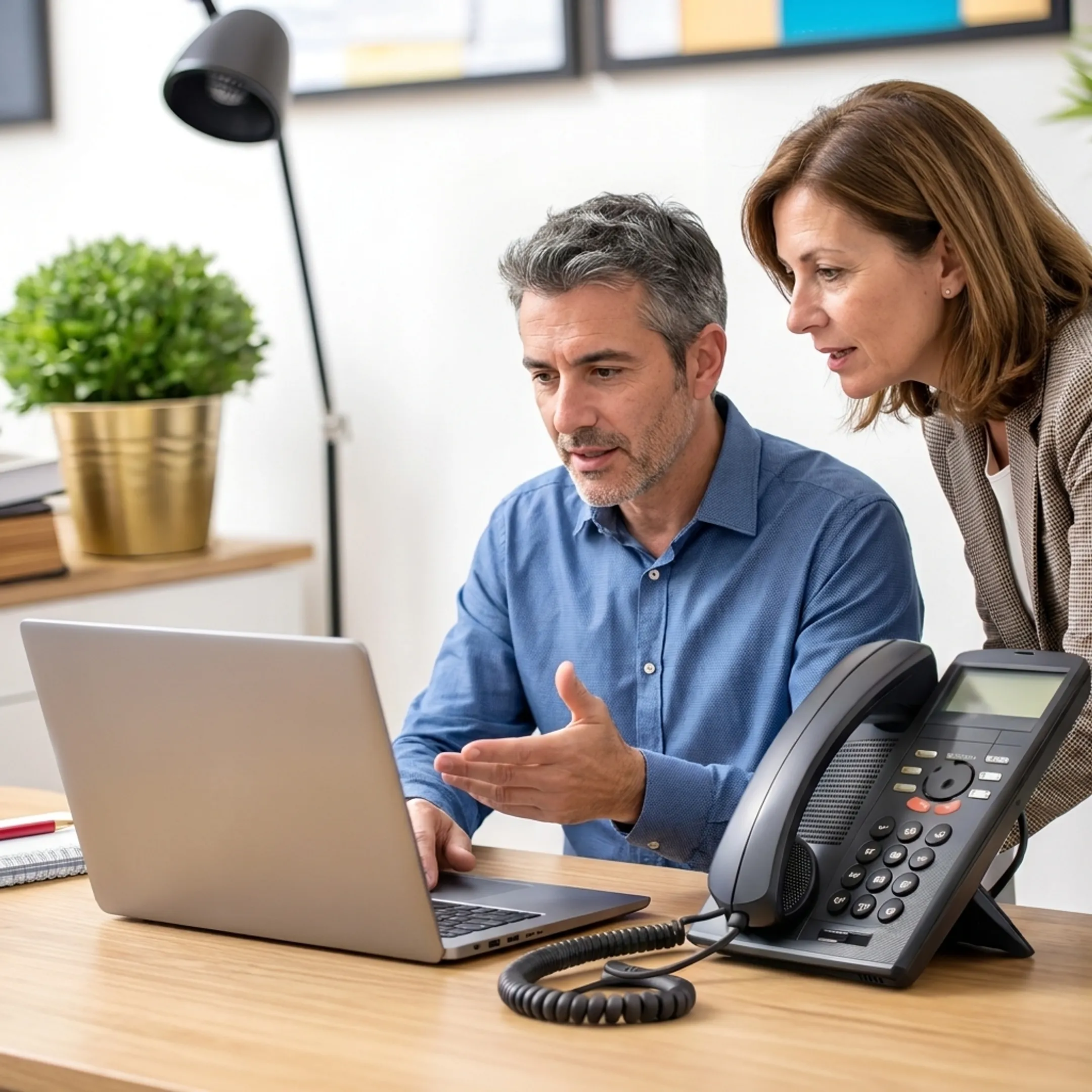 Business communications specialist reviewing a unified phone system with a client