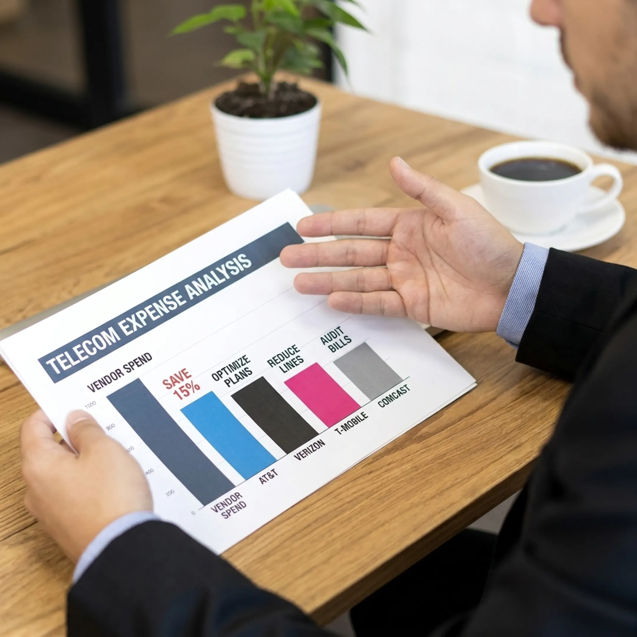 Consultant presenting telecom expense analysis