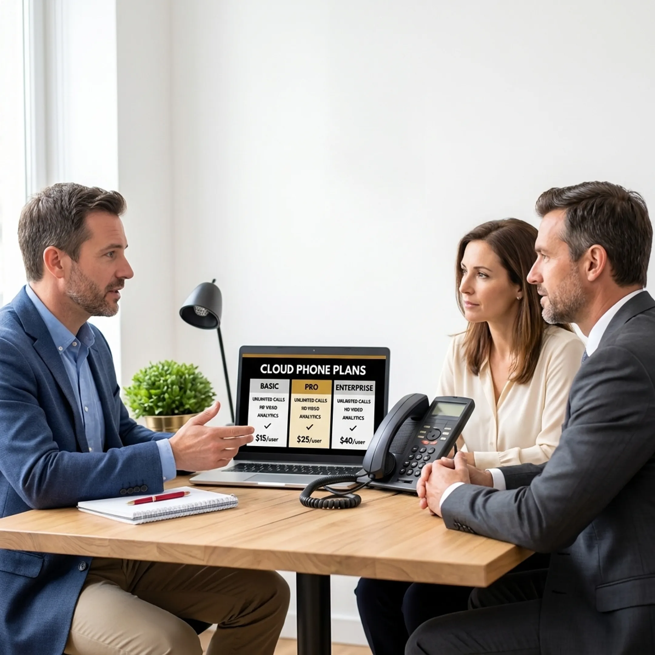 Consultant explaining business phone plan options