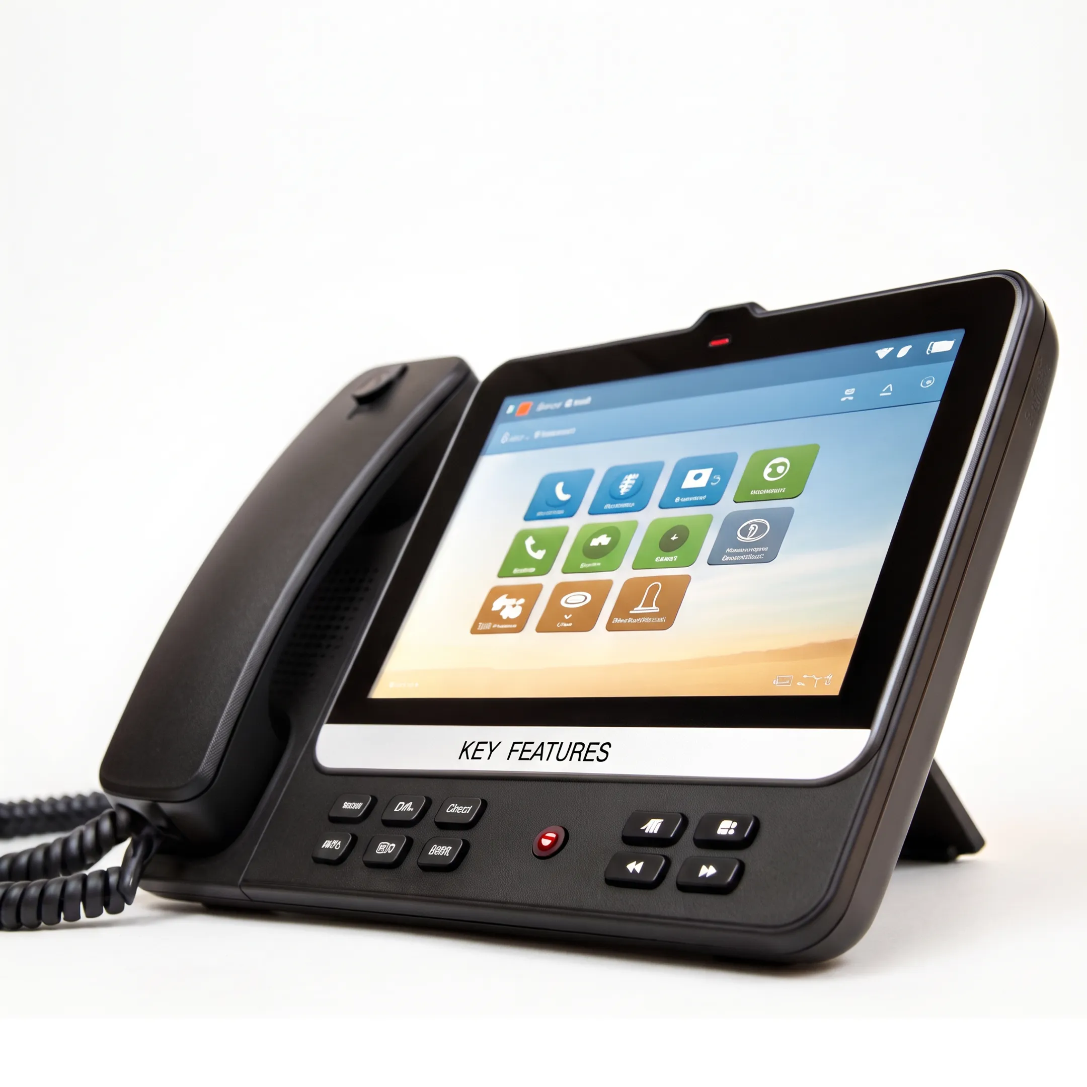 Unified business communications dashboard beside a VoIP desk phone