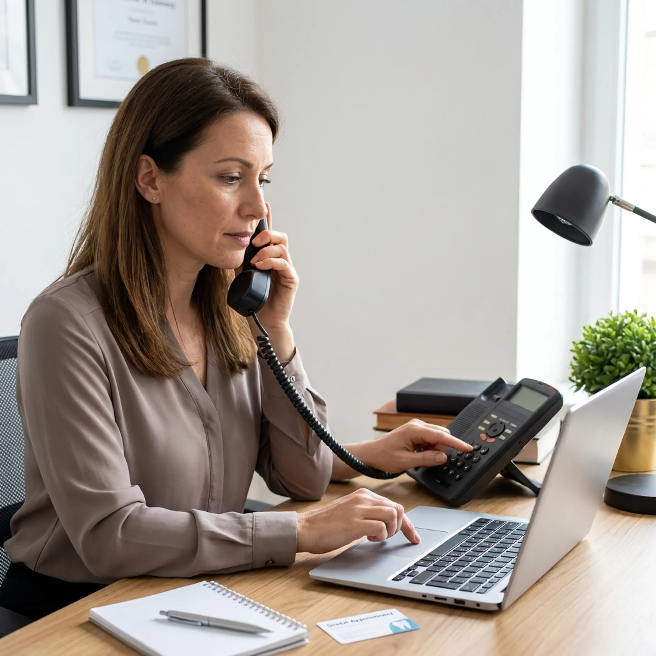 Dental receptionist using an integrated business phone system