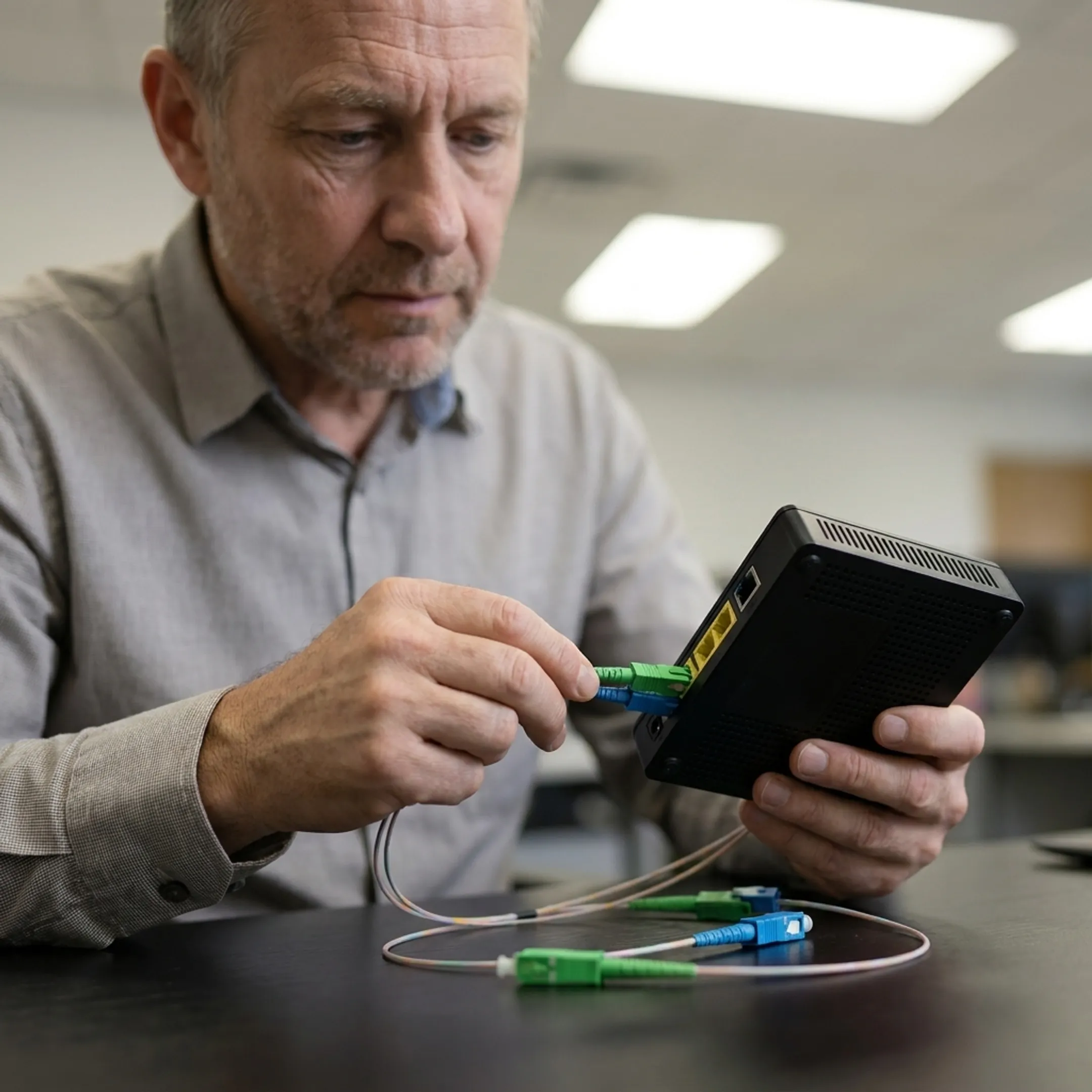 Technician configuring business fiber network equipment