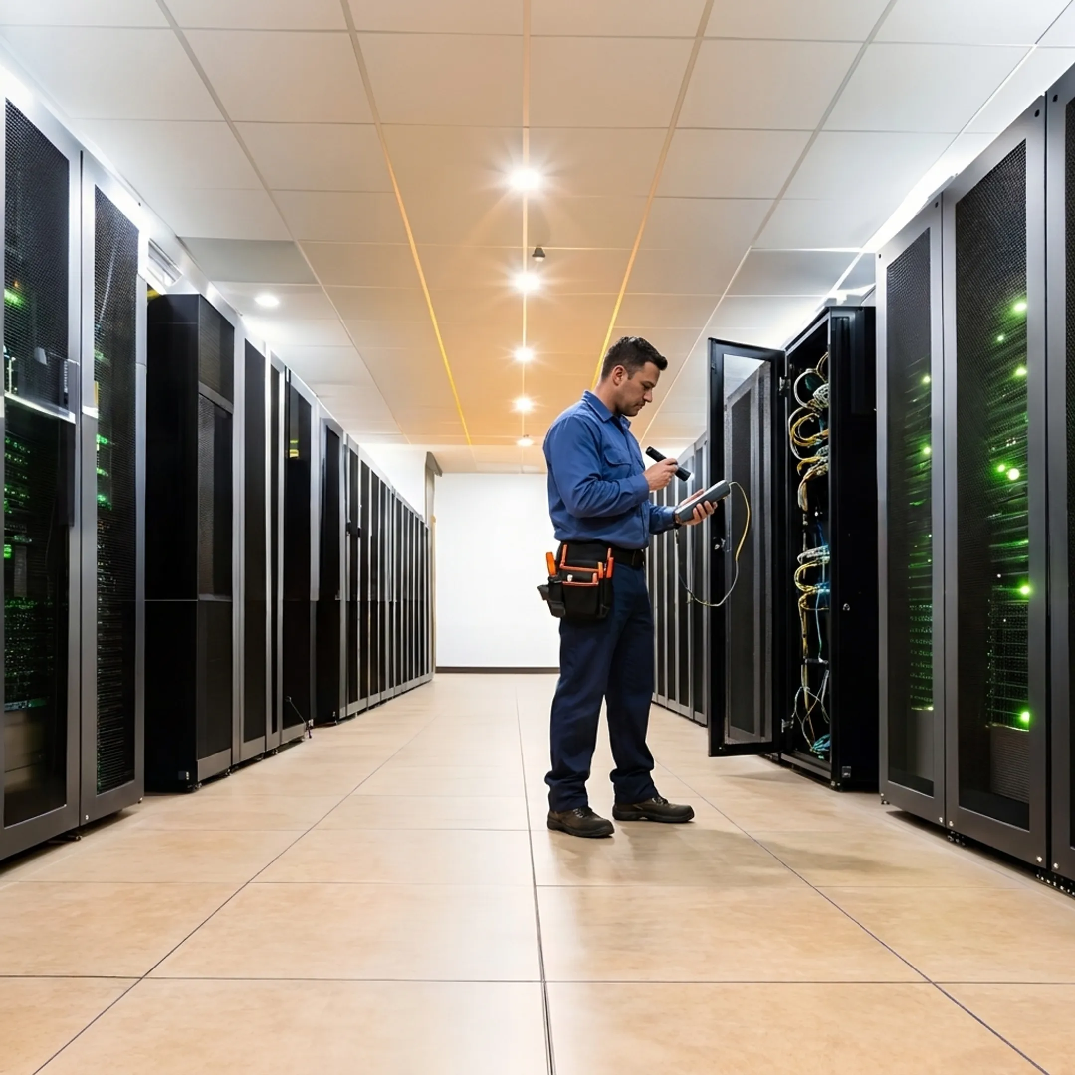 Technician monitoring secure colocation server infrastructure