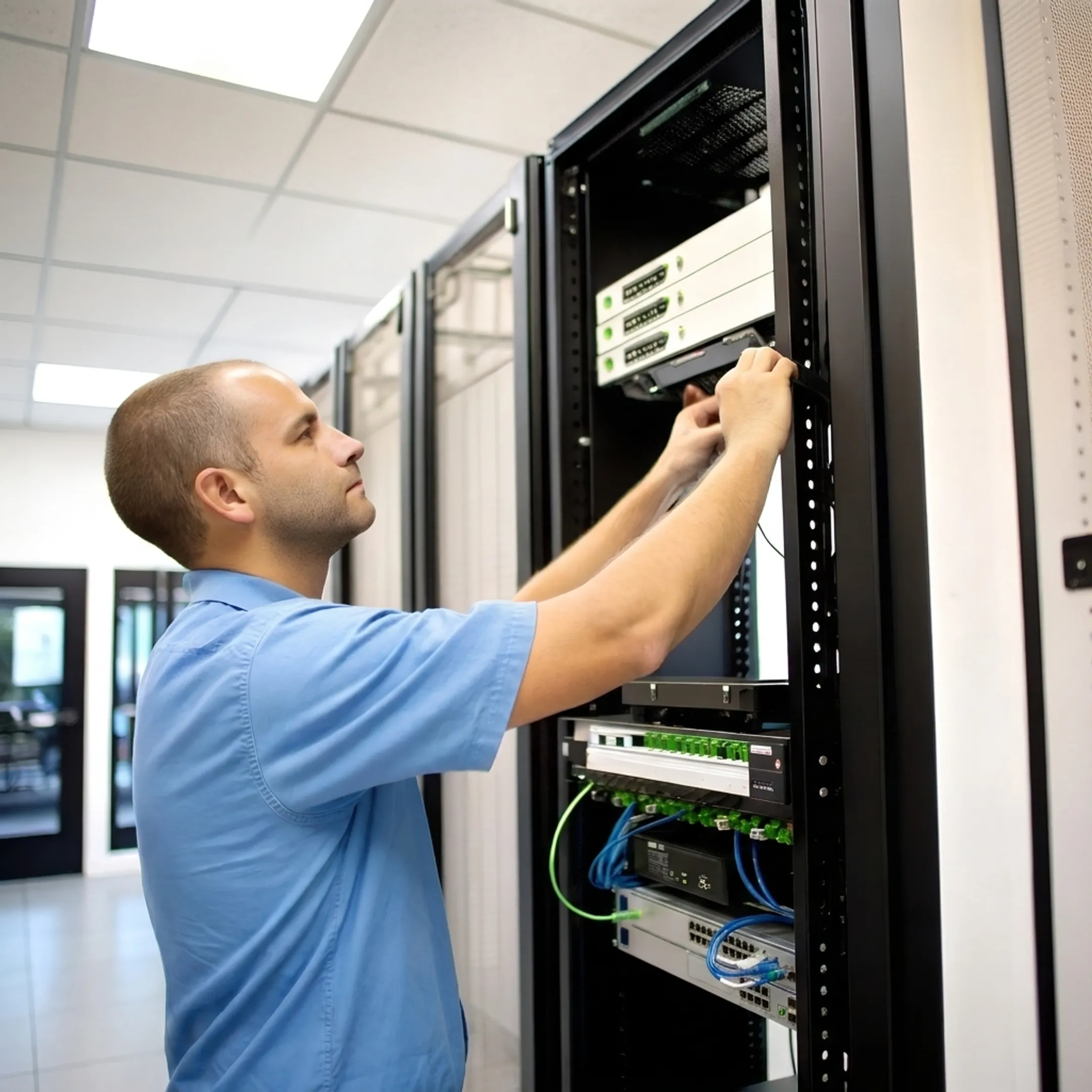 Technician configuring business internet gateway equipment