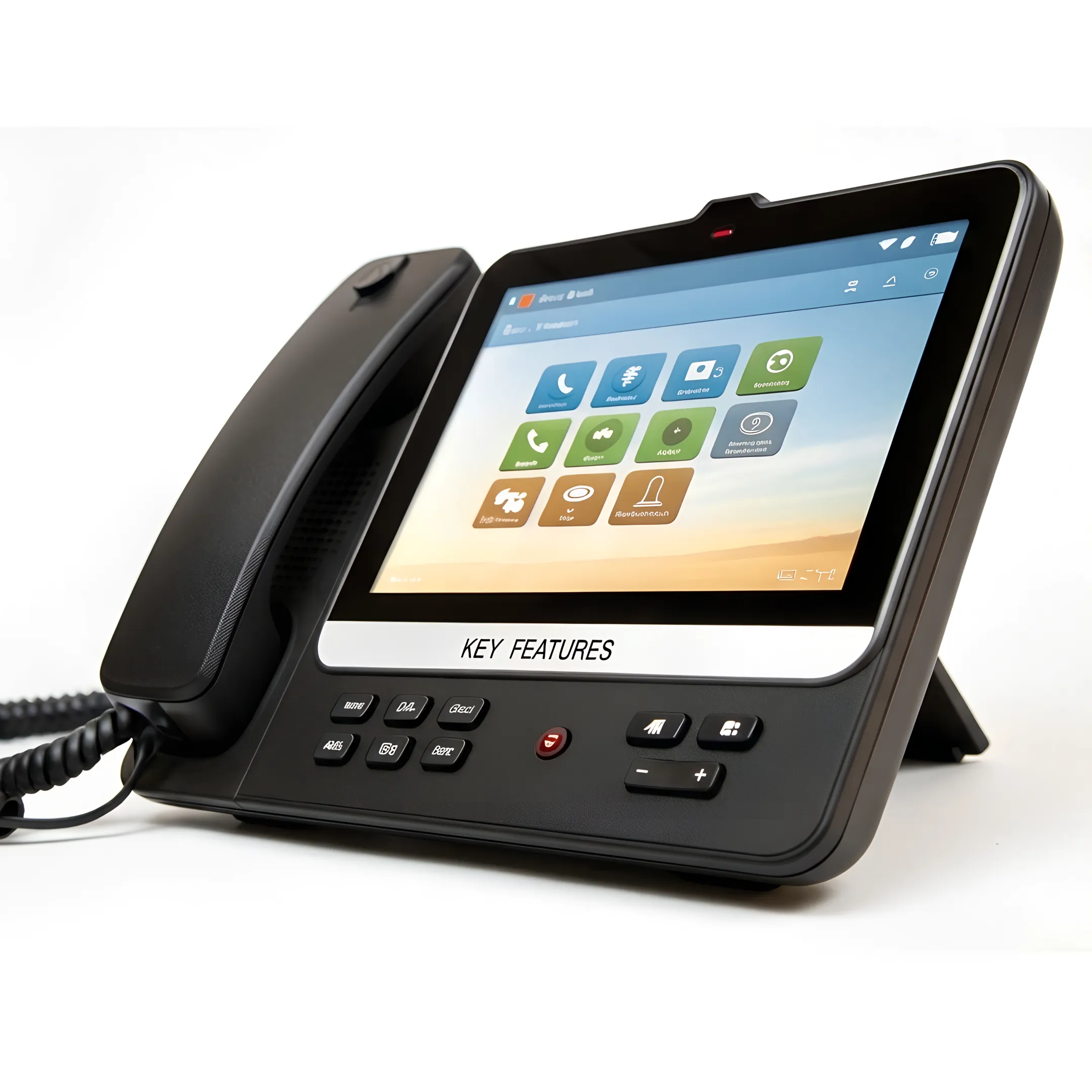 VoIP dashboard and business phone in a modern office