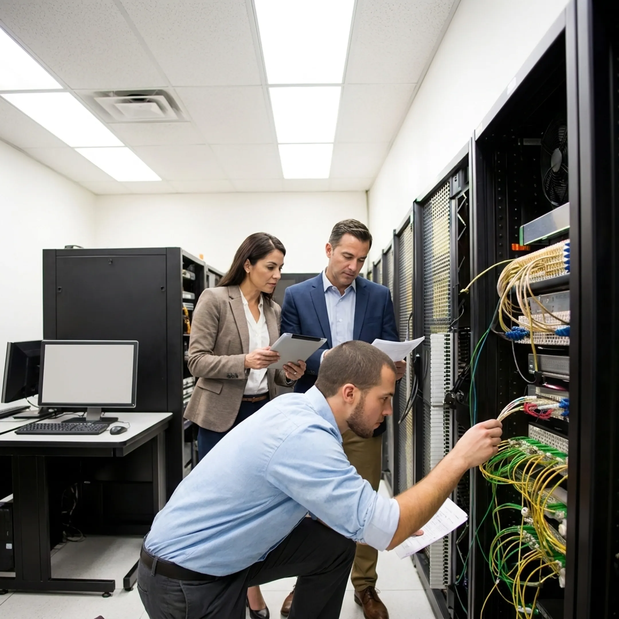 Technician reviewing business internet connectivity