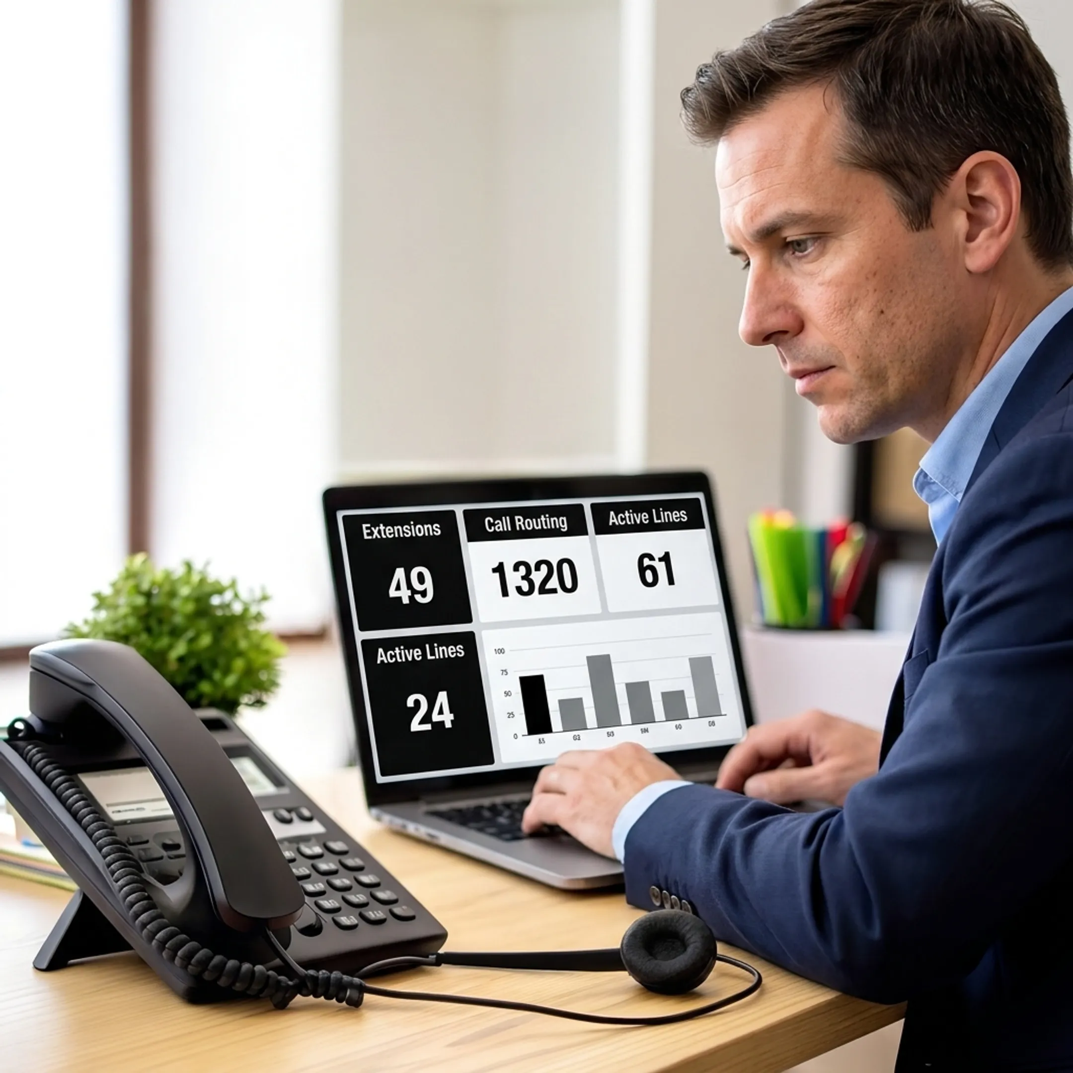 Technician configuring cloud-based business phone communications