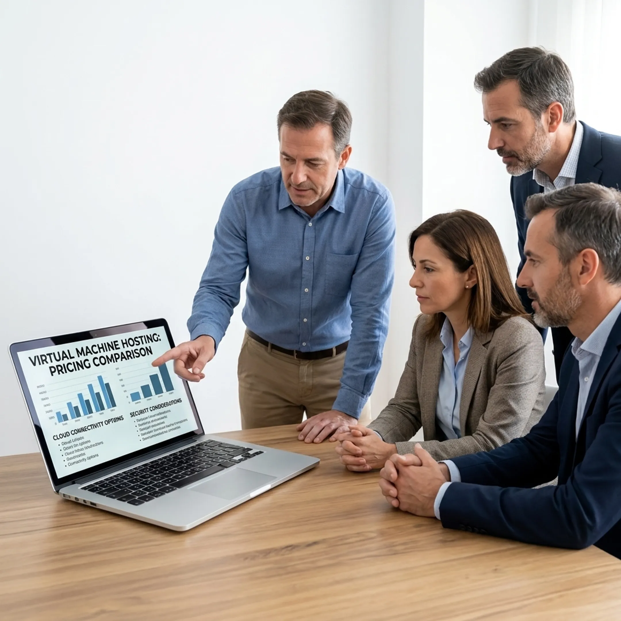 Consultant explaining virtual machine hosting costs to a business team