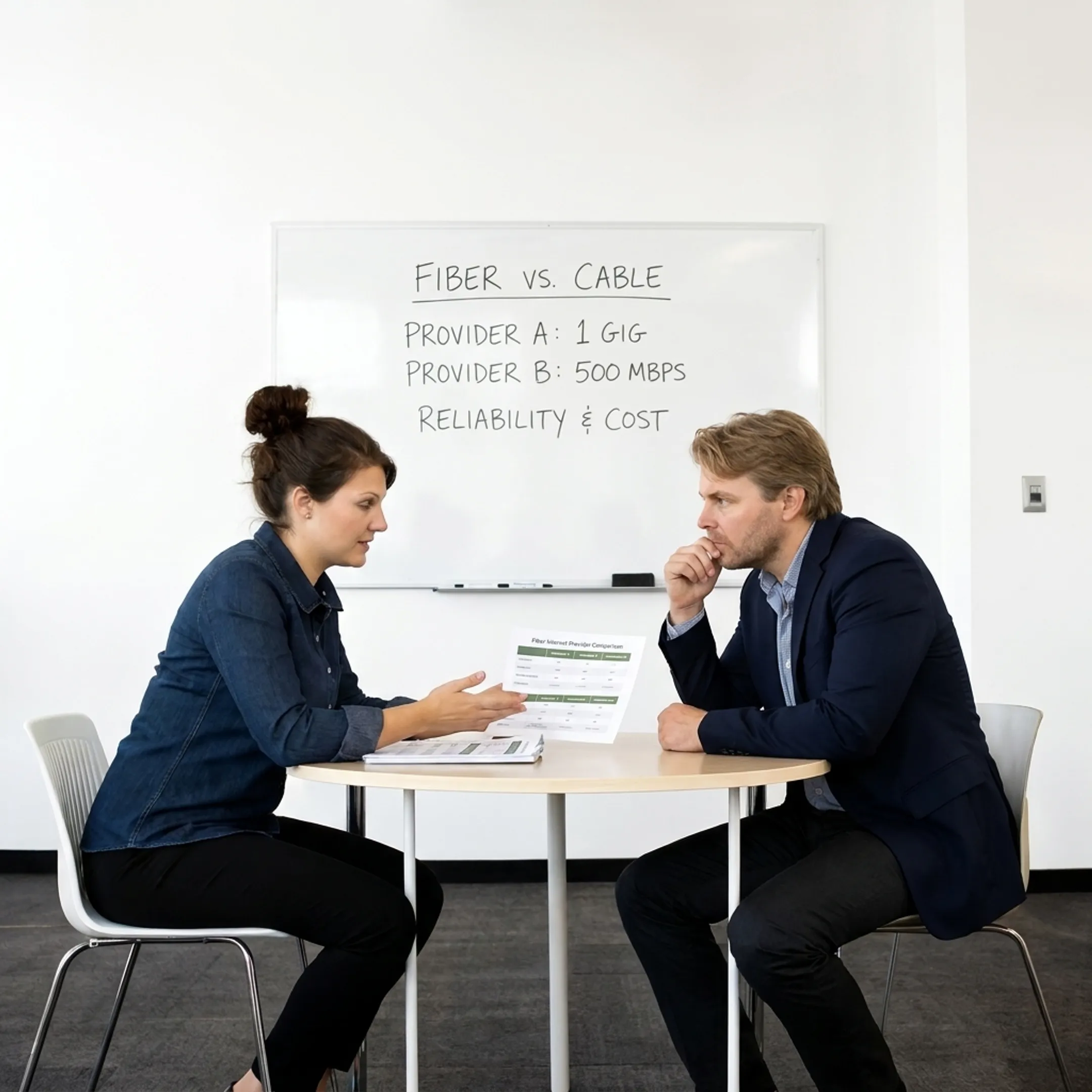 Business consultant reviewing internet options with a small business owner