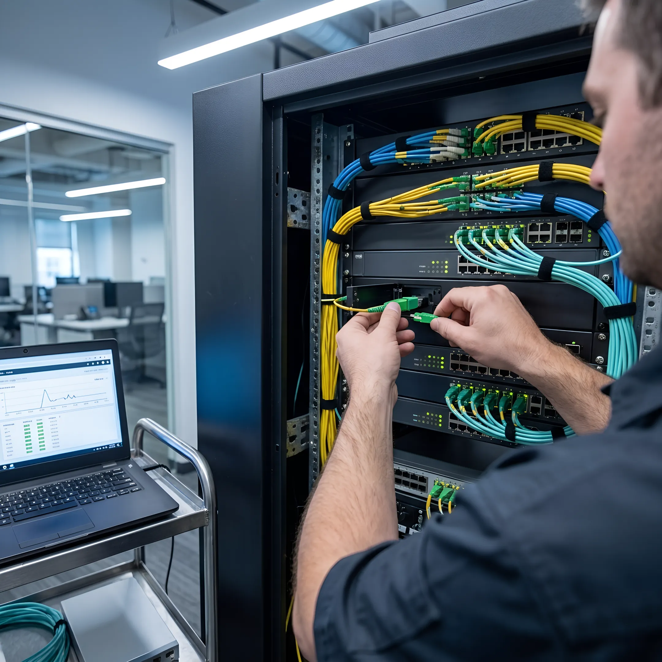 Technician configuring business fiber network equipment