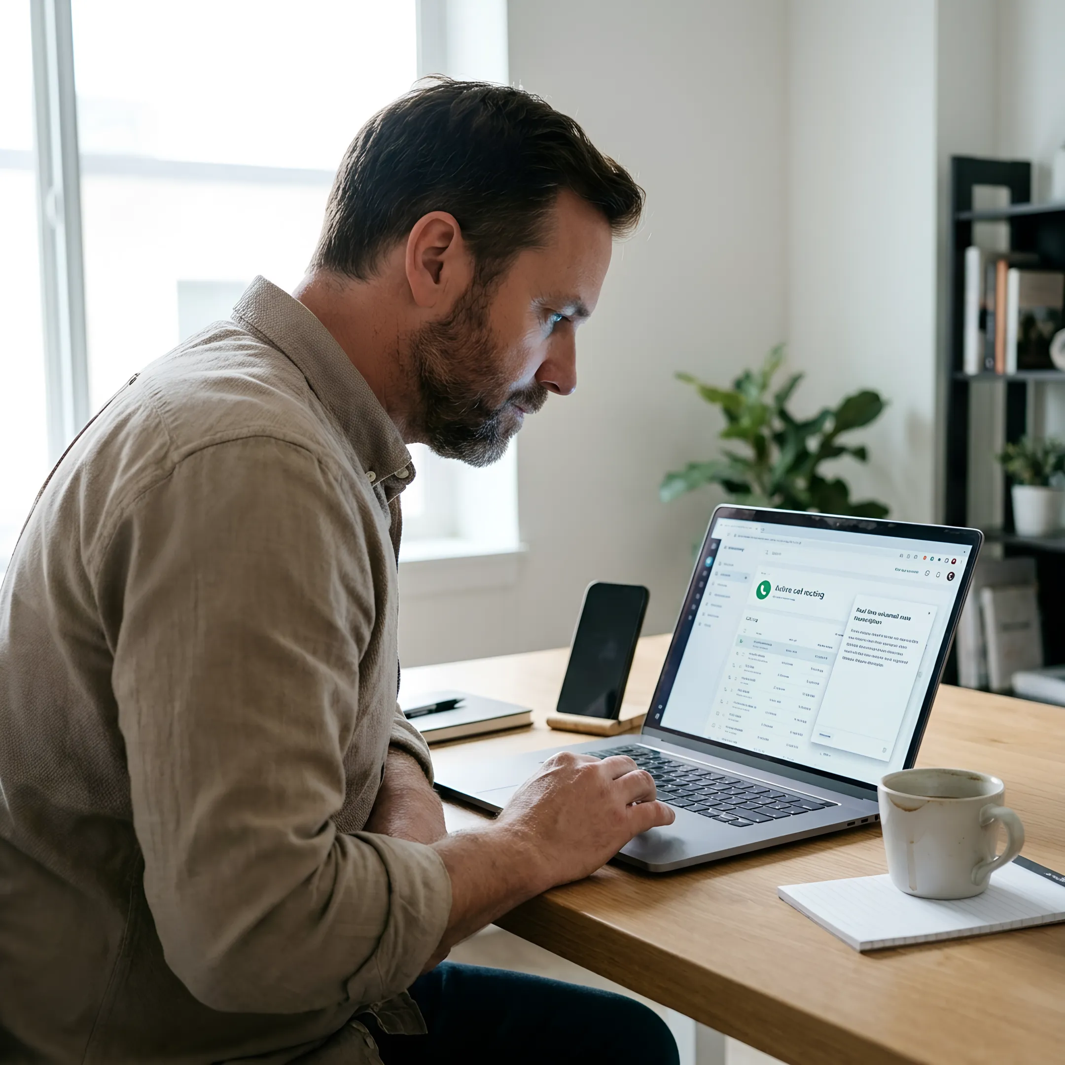 Business owner reviewing intelligently routed calls