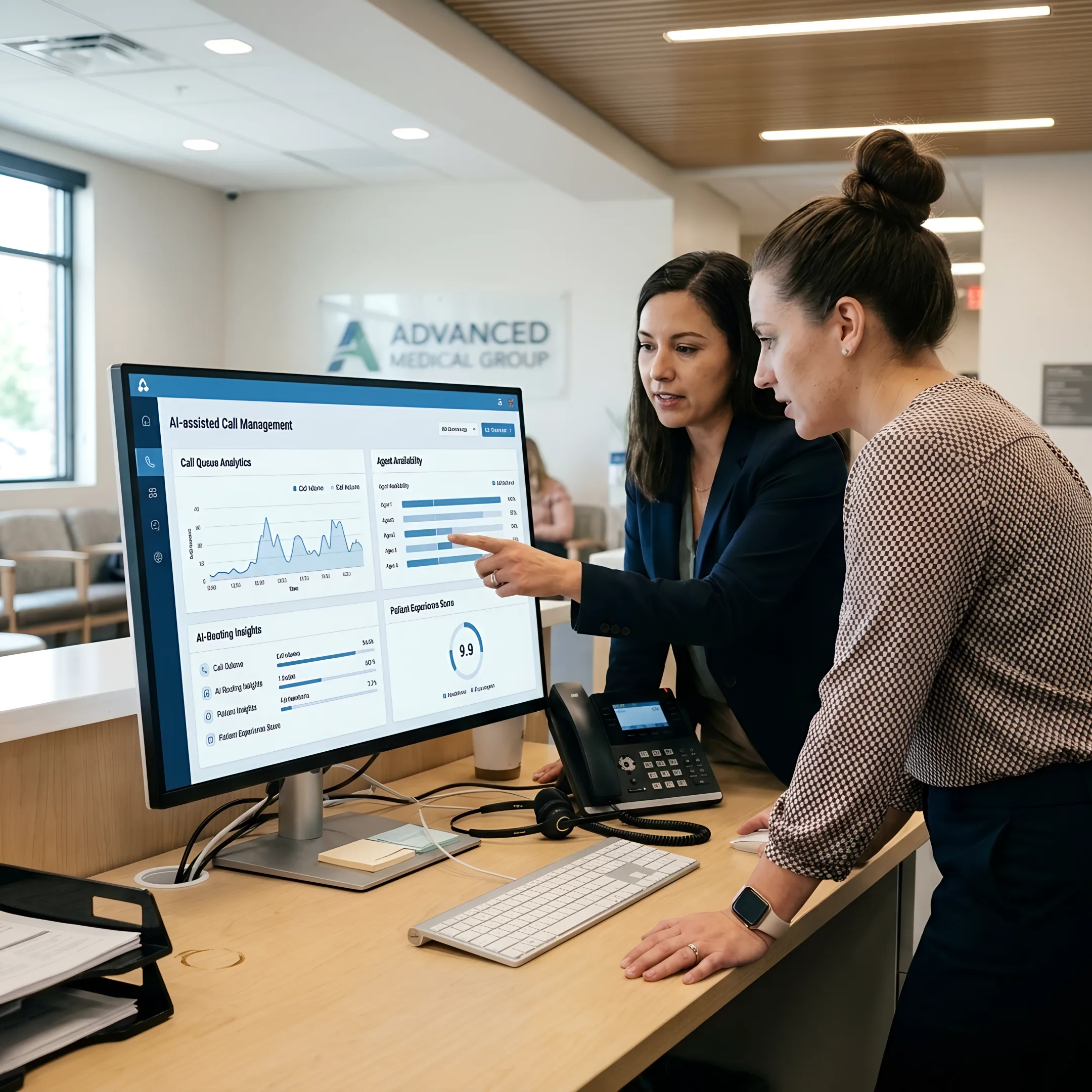 Healthcare staff using an AI-assisted phone communication dashboard