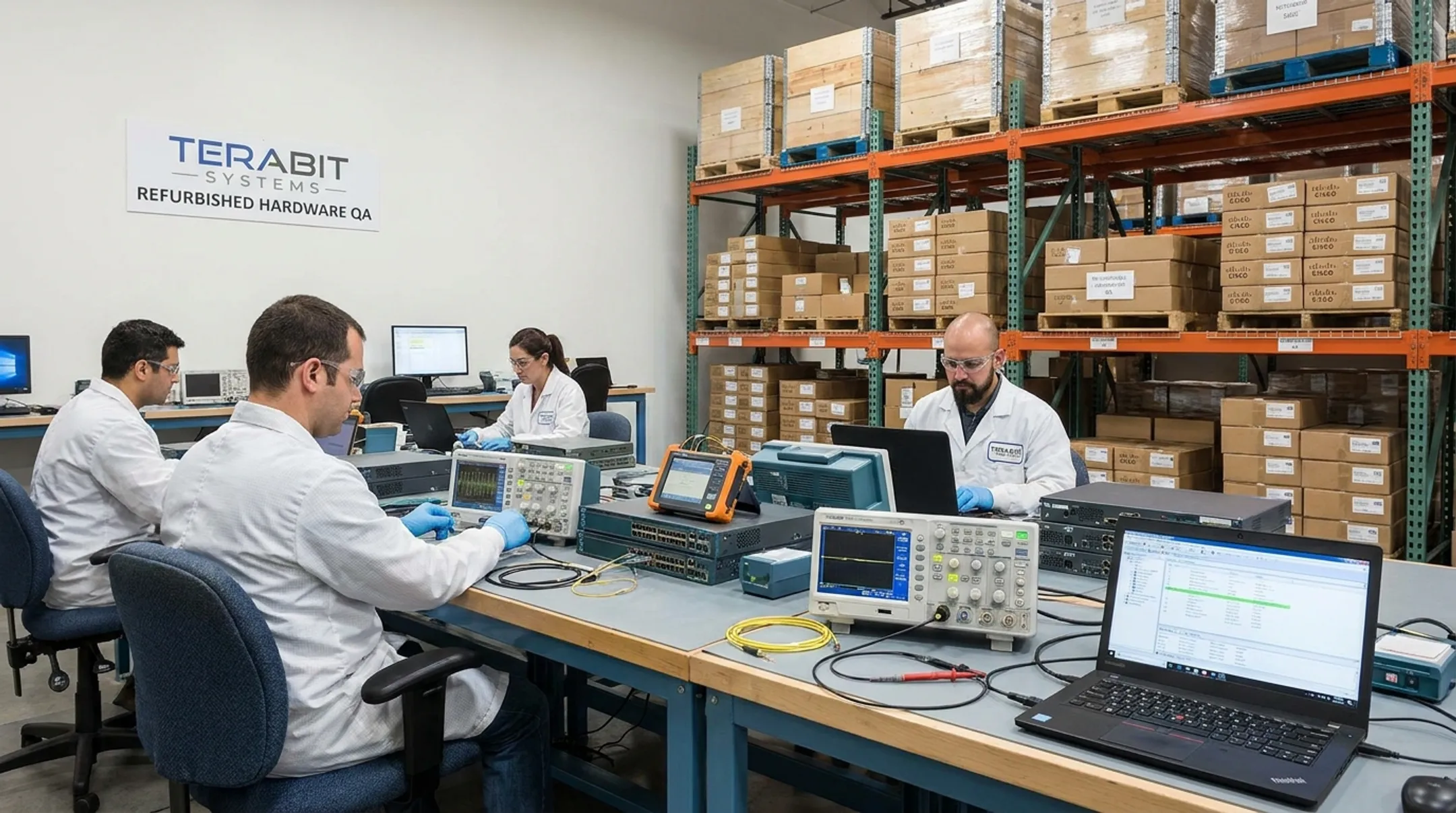 Terabit Systems warehouse testing refurbished Cisco networking hardware equipment