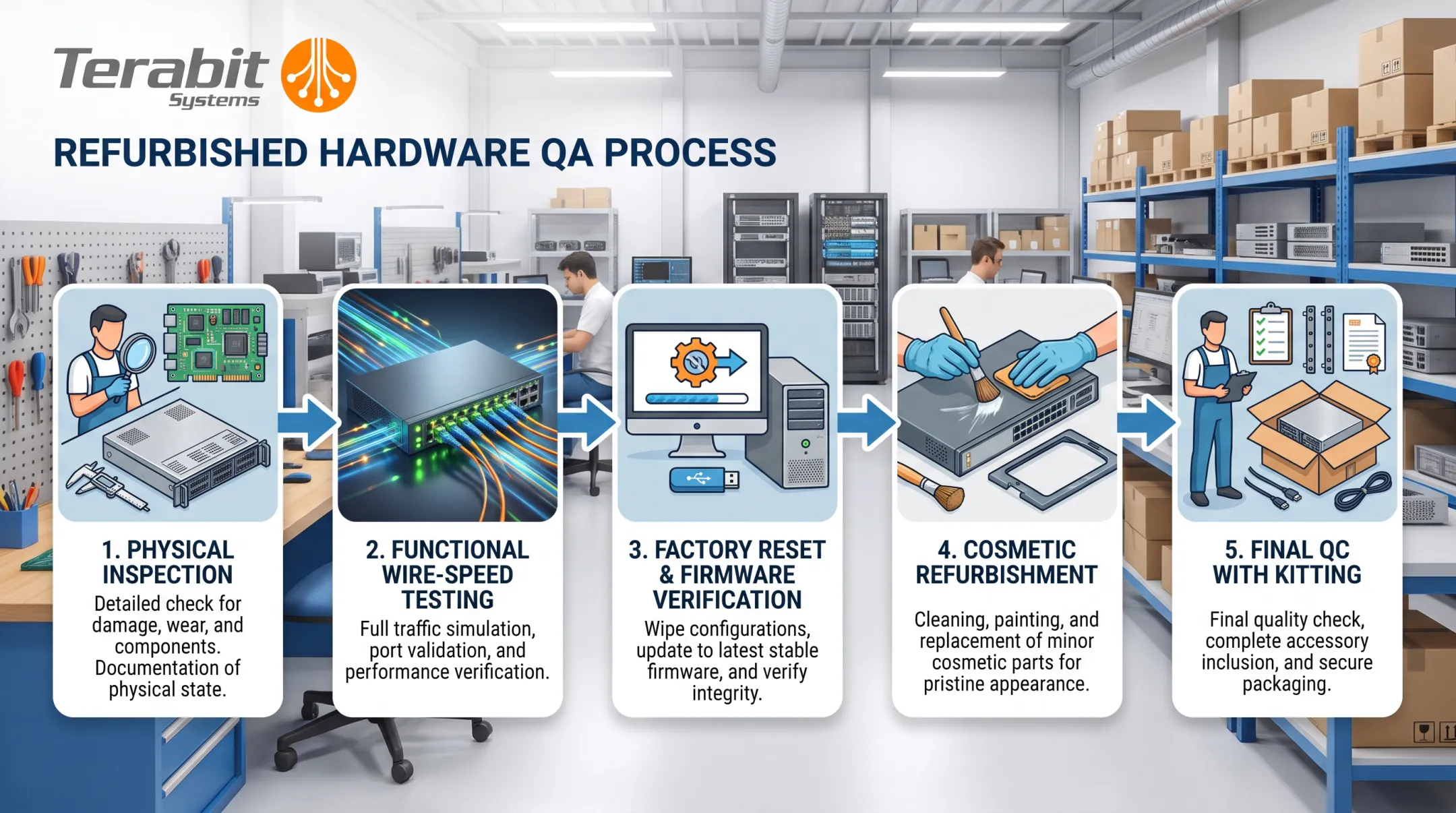 Five-step quality assurance process for refurbished networking equipment testing