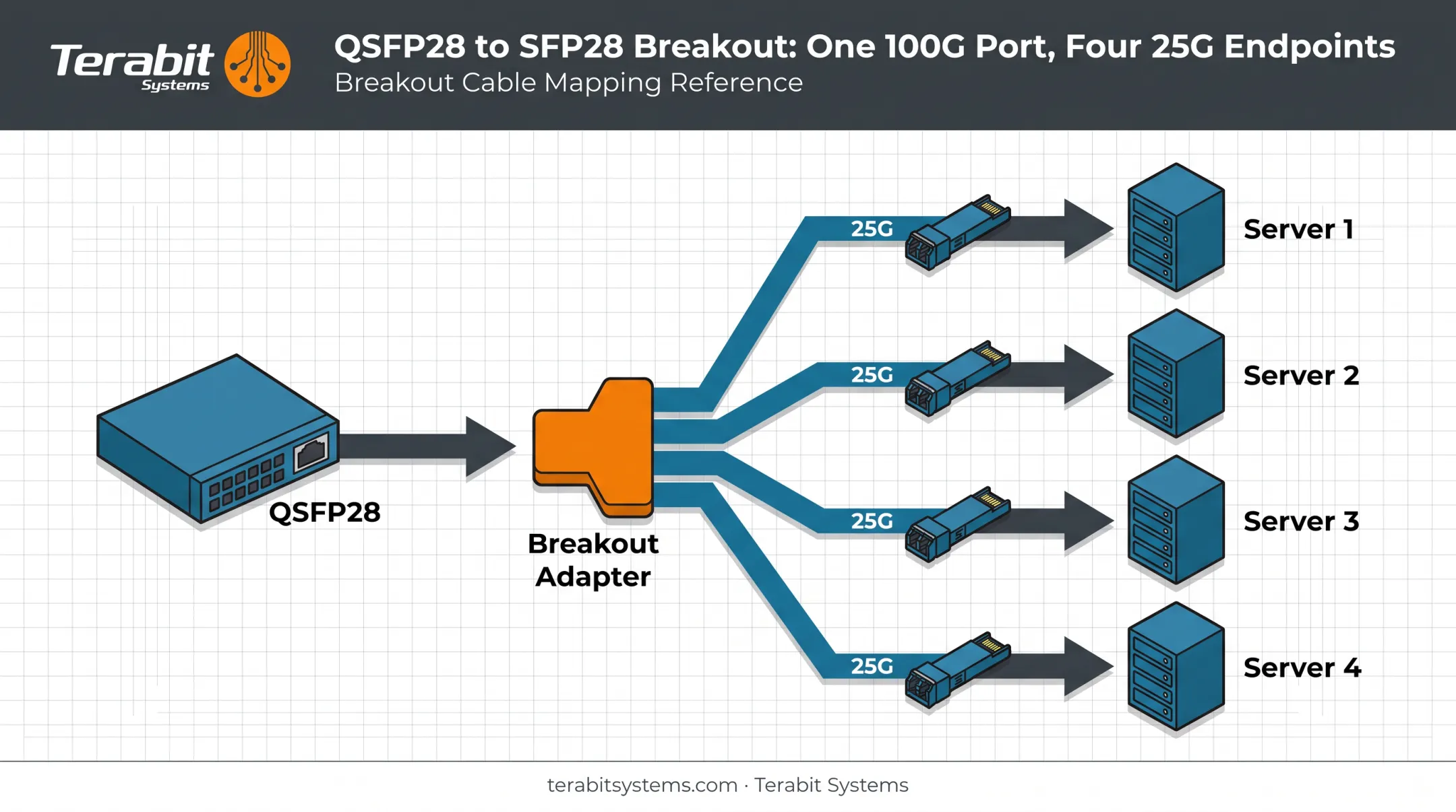 SFP28 to QSFP28 four-lane port mapping architecture diagram