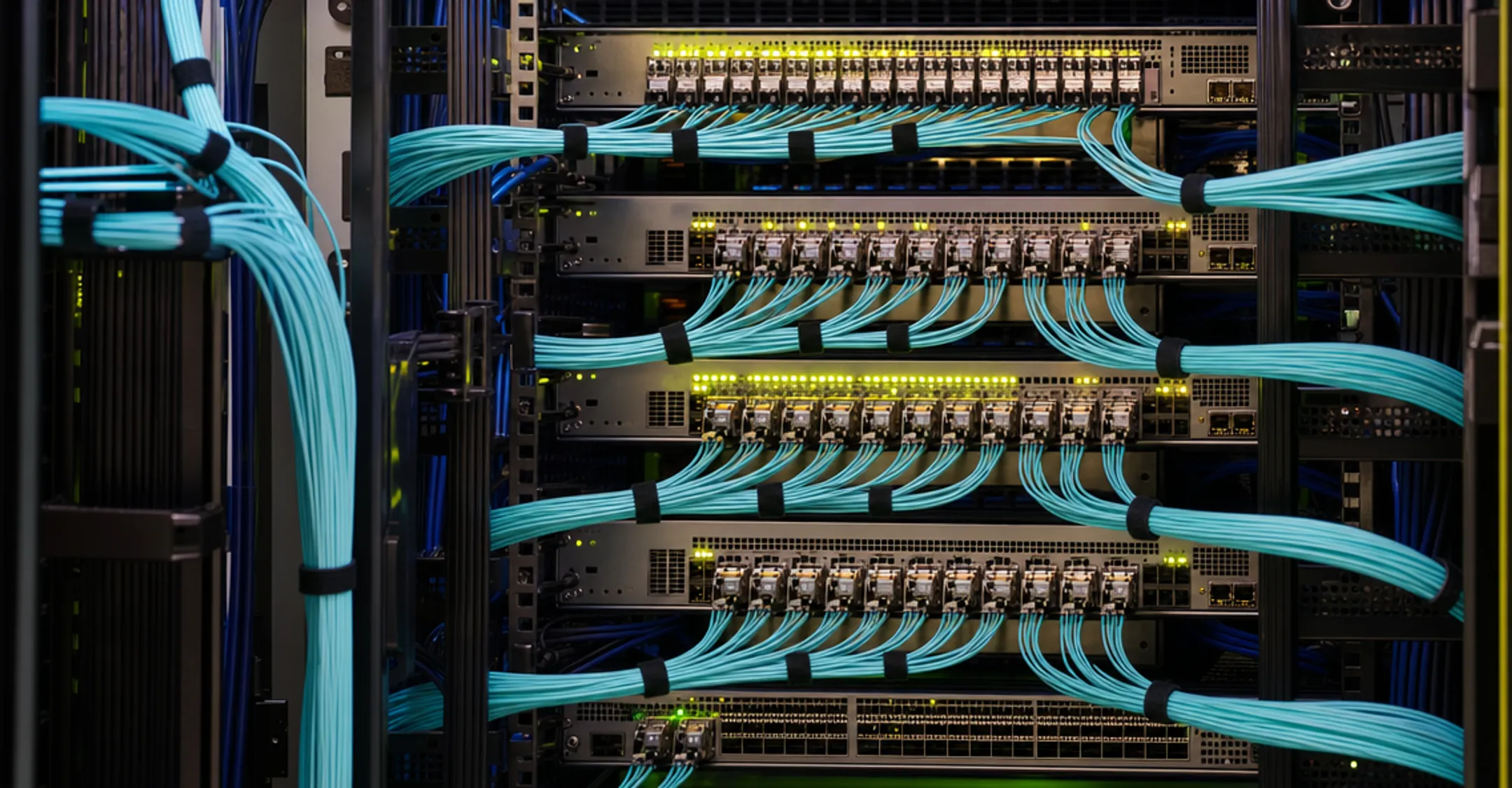 Data center spine-leaf network fabric with dense fiber optic cabling