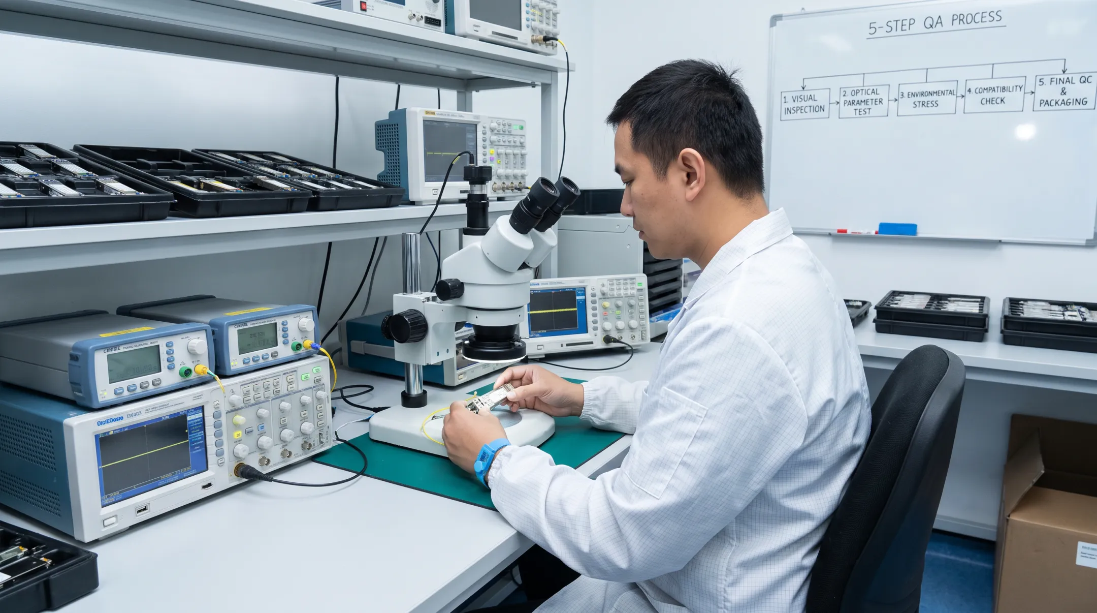 Technician performing quality control testing on refurbished network transceivers