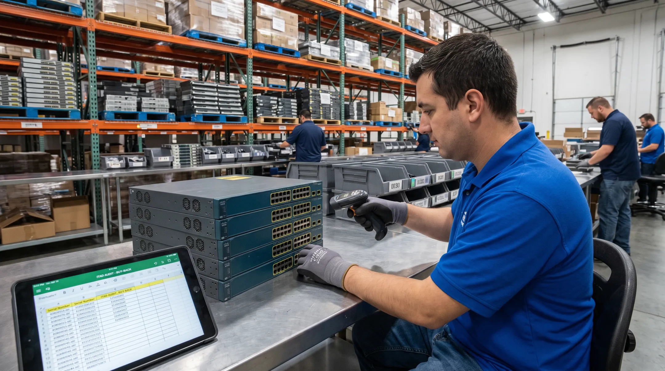 Terabit Systems technician auditing surplus networking equipment for resale