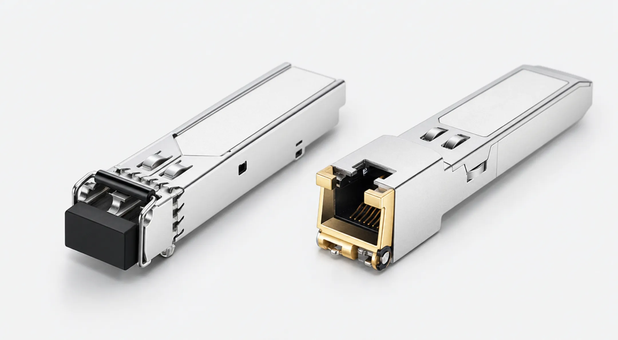 SFP transceiver module close-up showing fiber and copper port variants