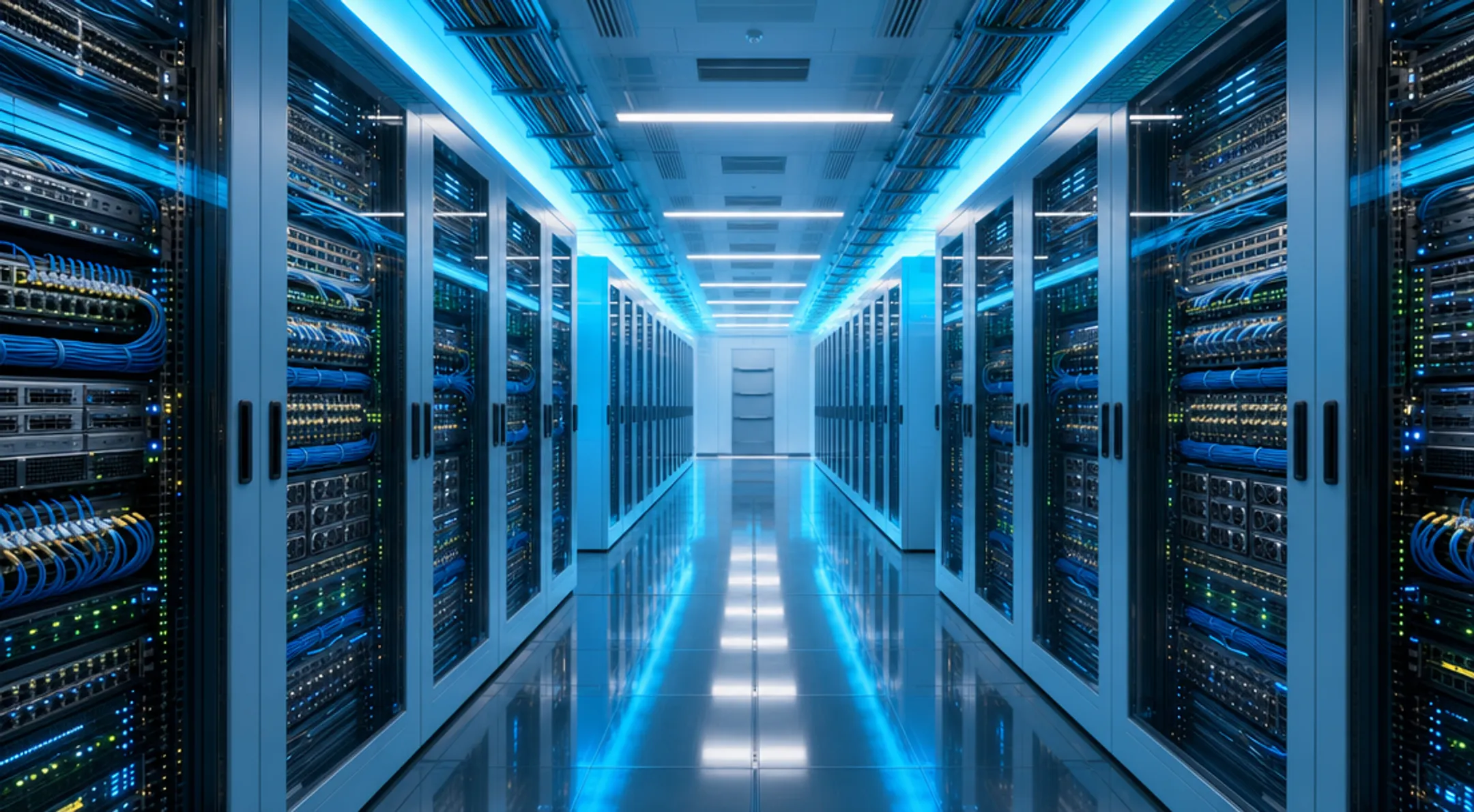 Hyperscale AI GPU cluster data center with high-density network switches