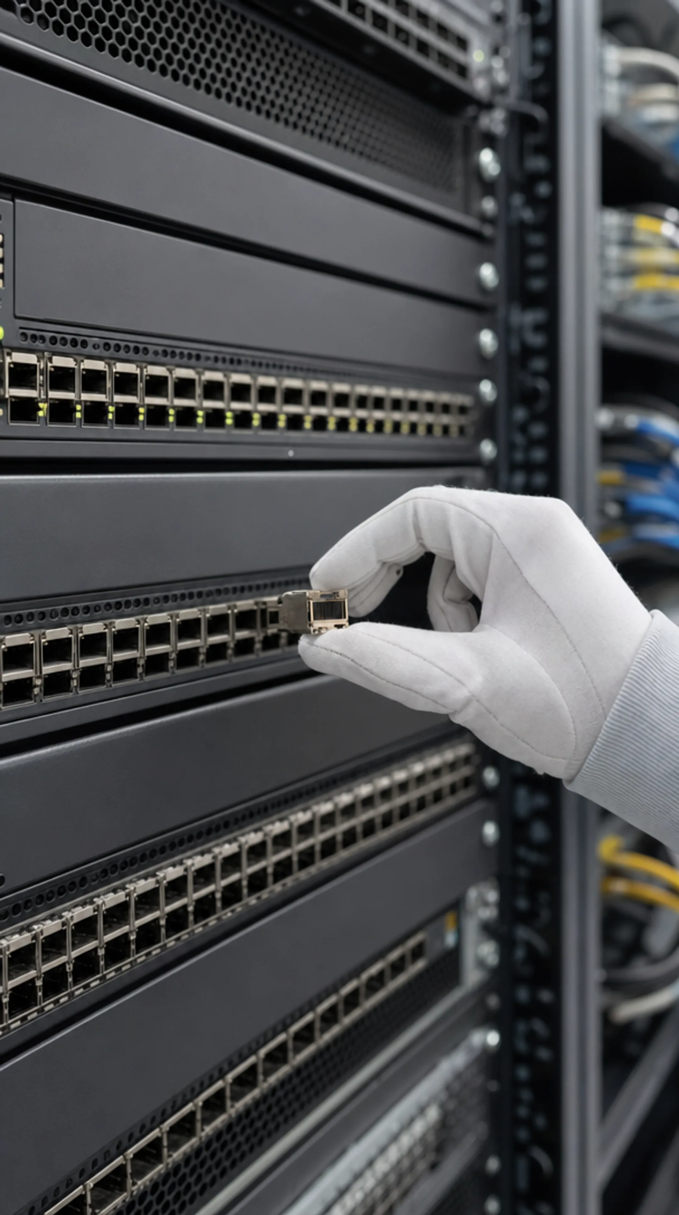 Network engineer inspecting QSFP28 transceiver modules in data center switch