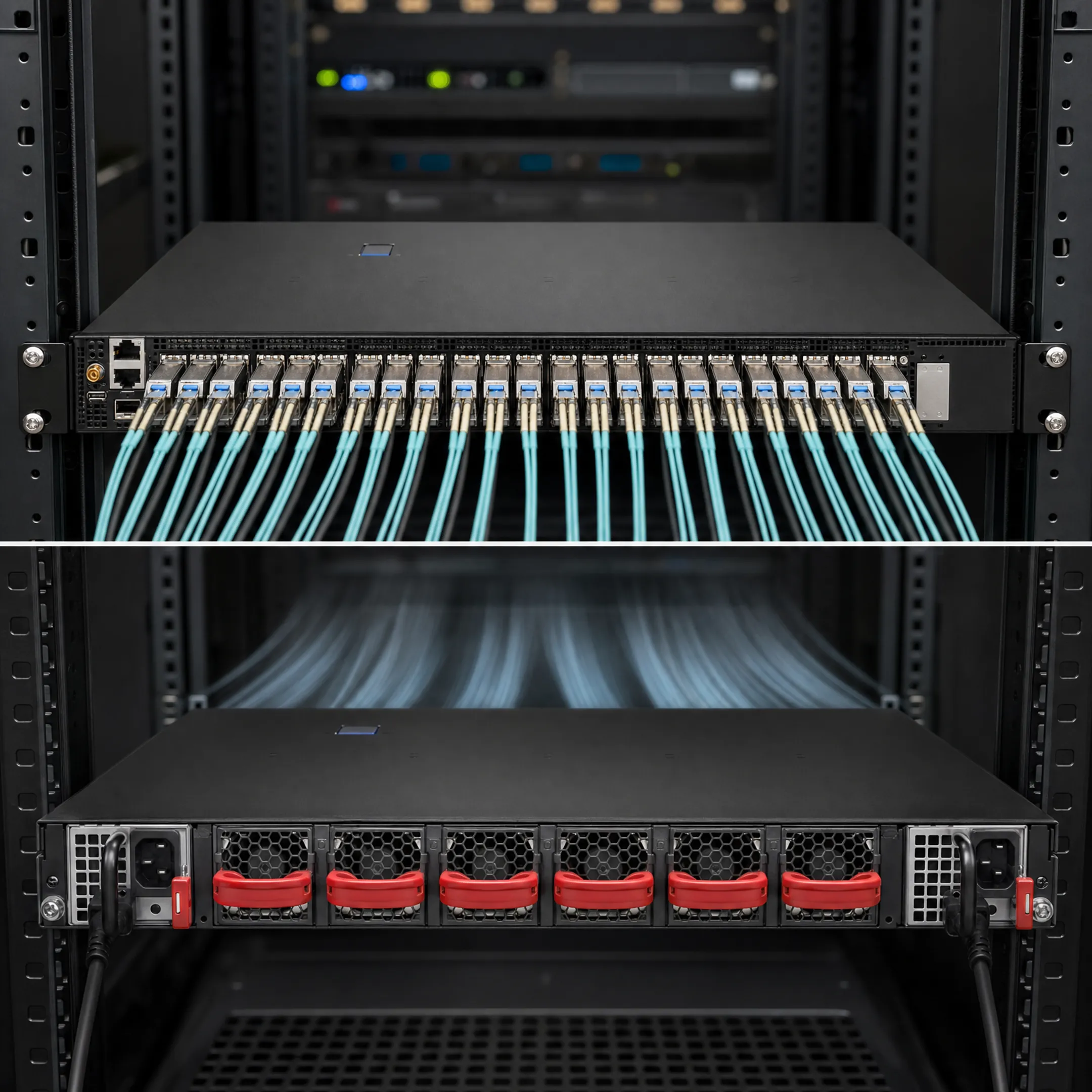 High-density 1U leaf switch with multiple QSFP-DD ports installed