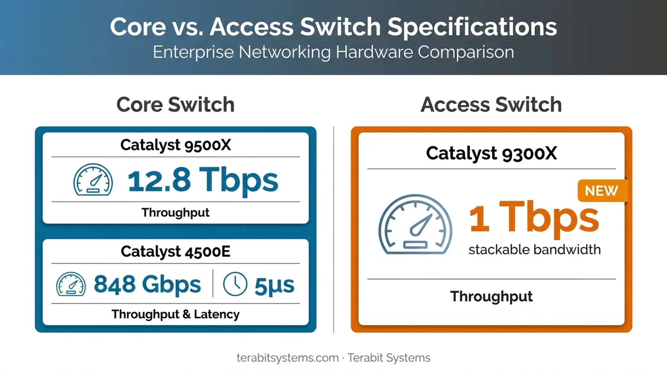 Core switch versus access switch specs comparison chart with throughput and latency