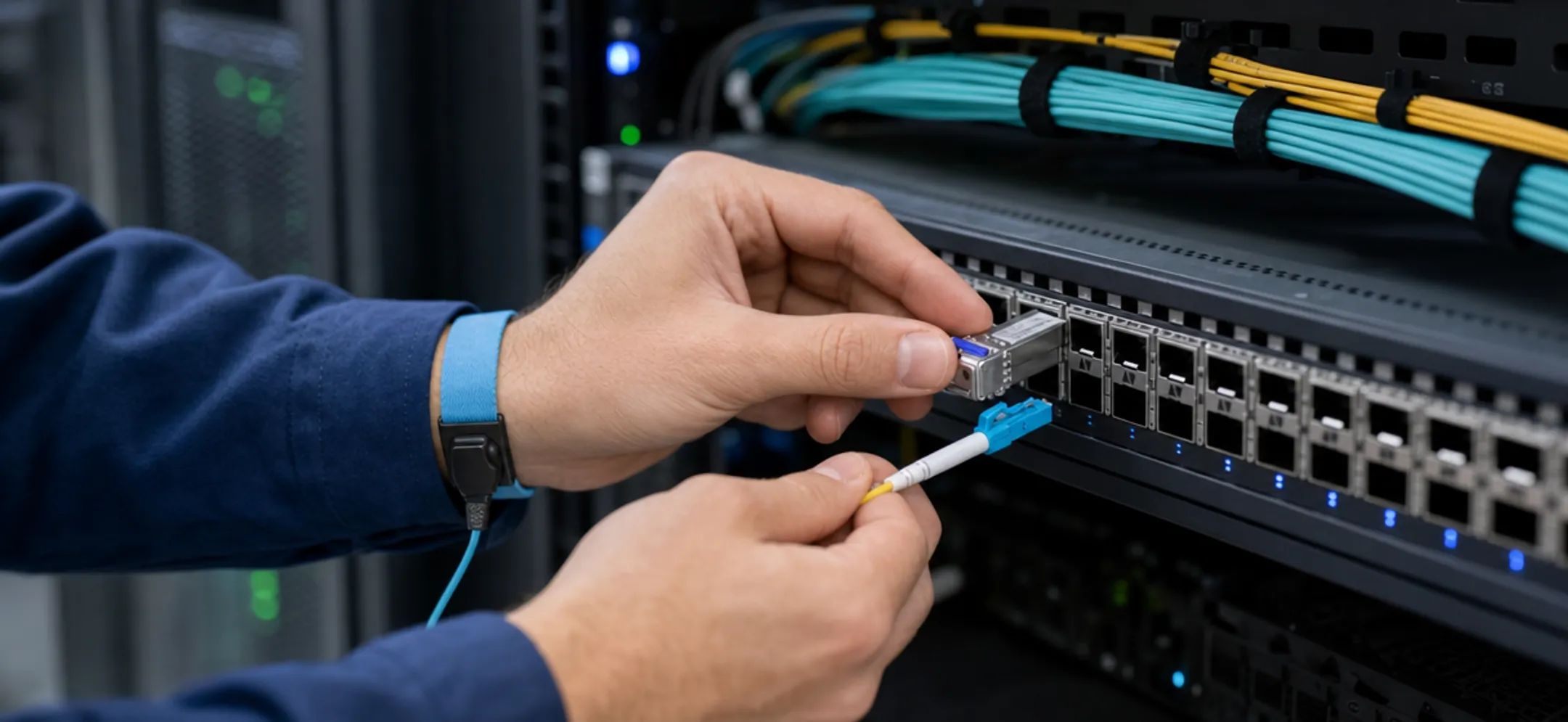 Data center technician installing fiber optic transceivers during network refresh