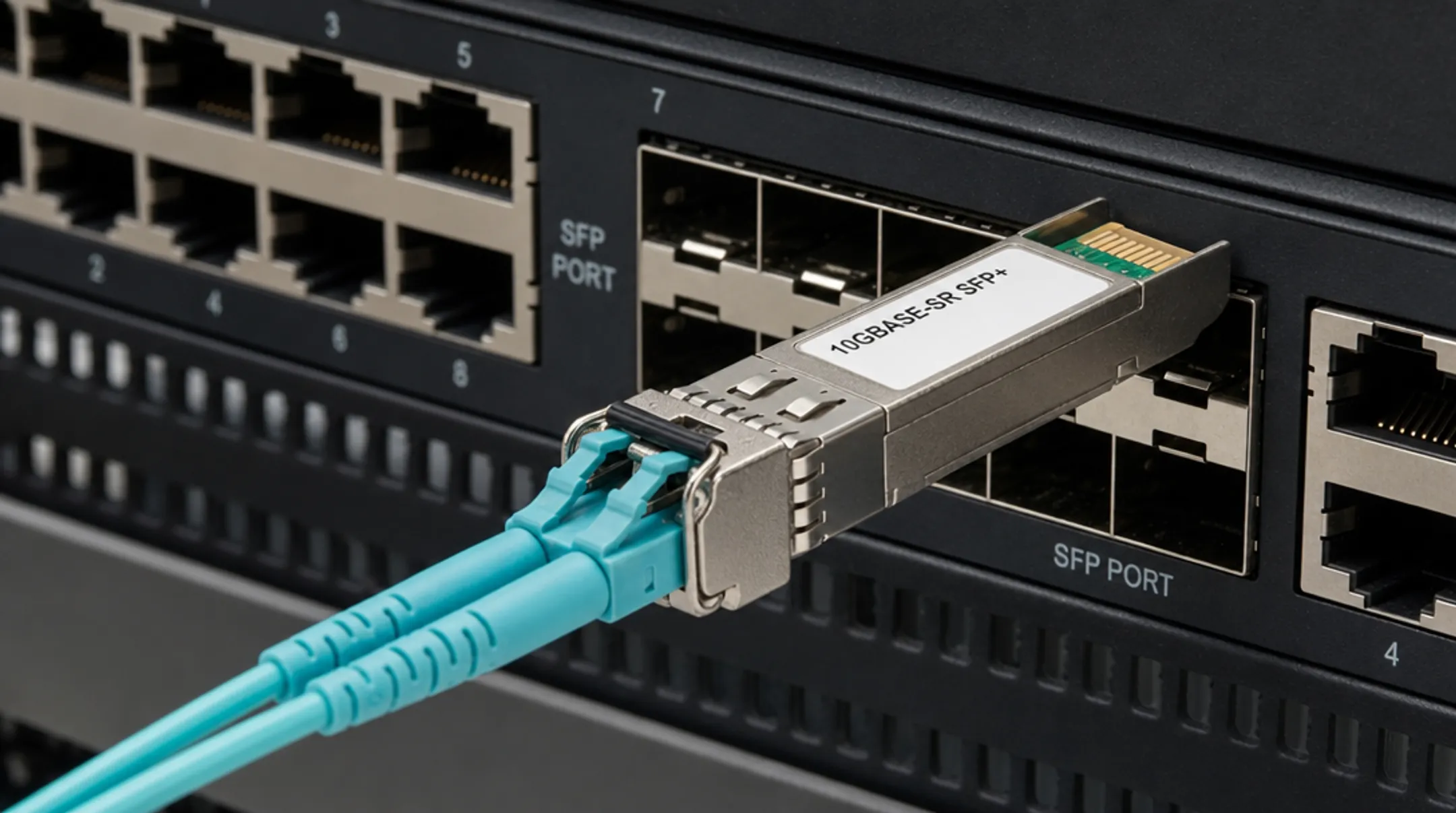 10GBASE-SR SFP+ transceiver module inserted into network switch port