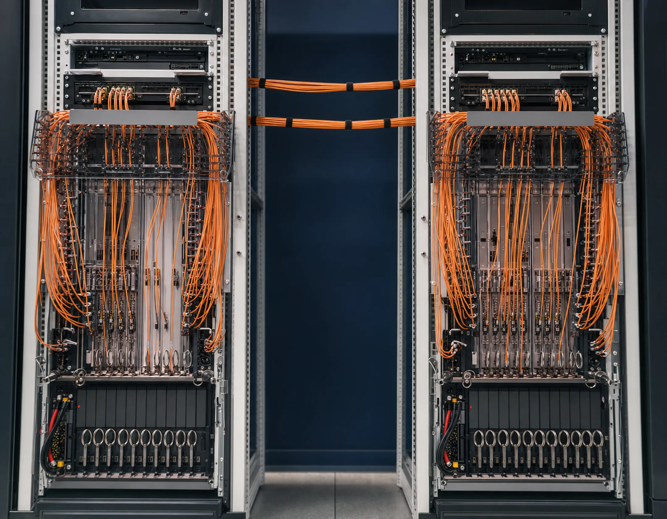 Data center server racks connected with orange multimode fiber optic cabling