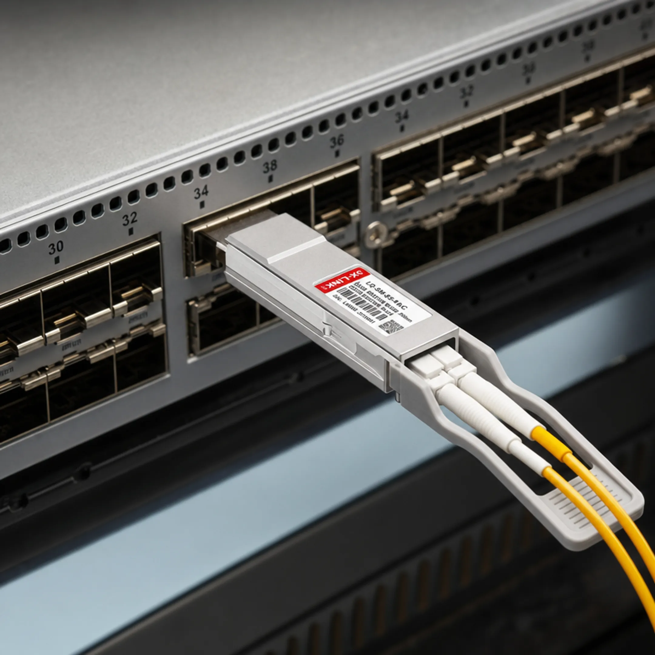 QSFP transceiver module with duplex LC fiber connector interface