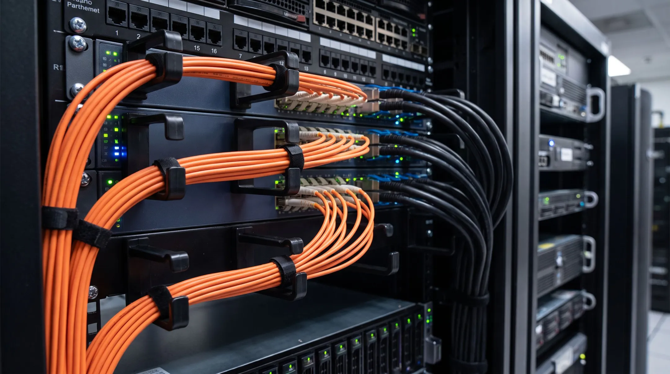 Data center rack cabling comparing copper DAC and fiber optic cables