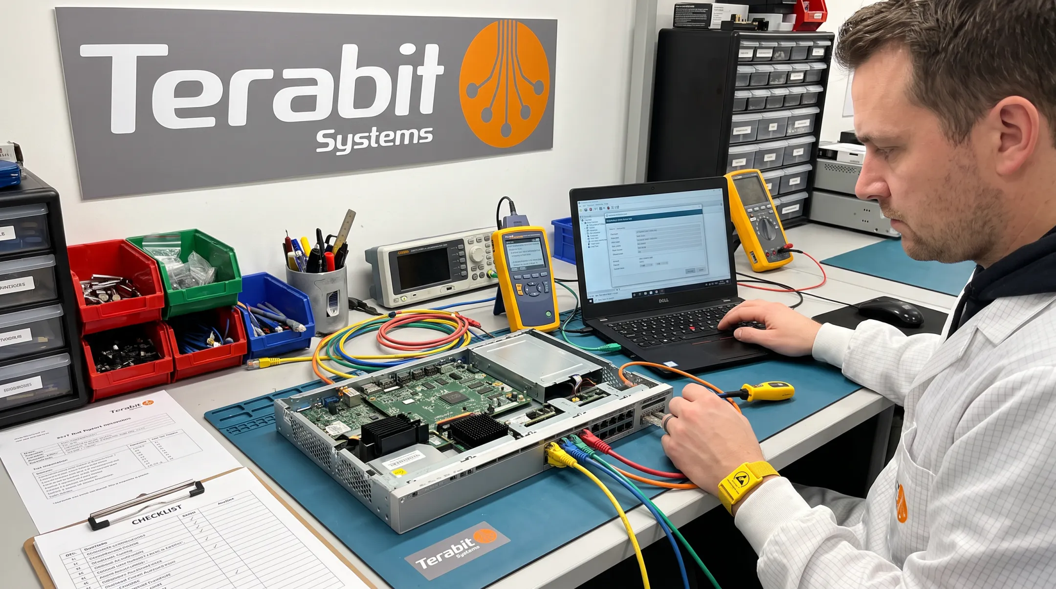 Technician performing five-step quality assurance testing on refurbished network switch
