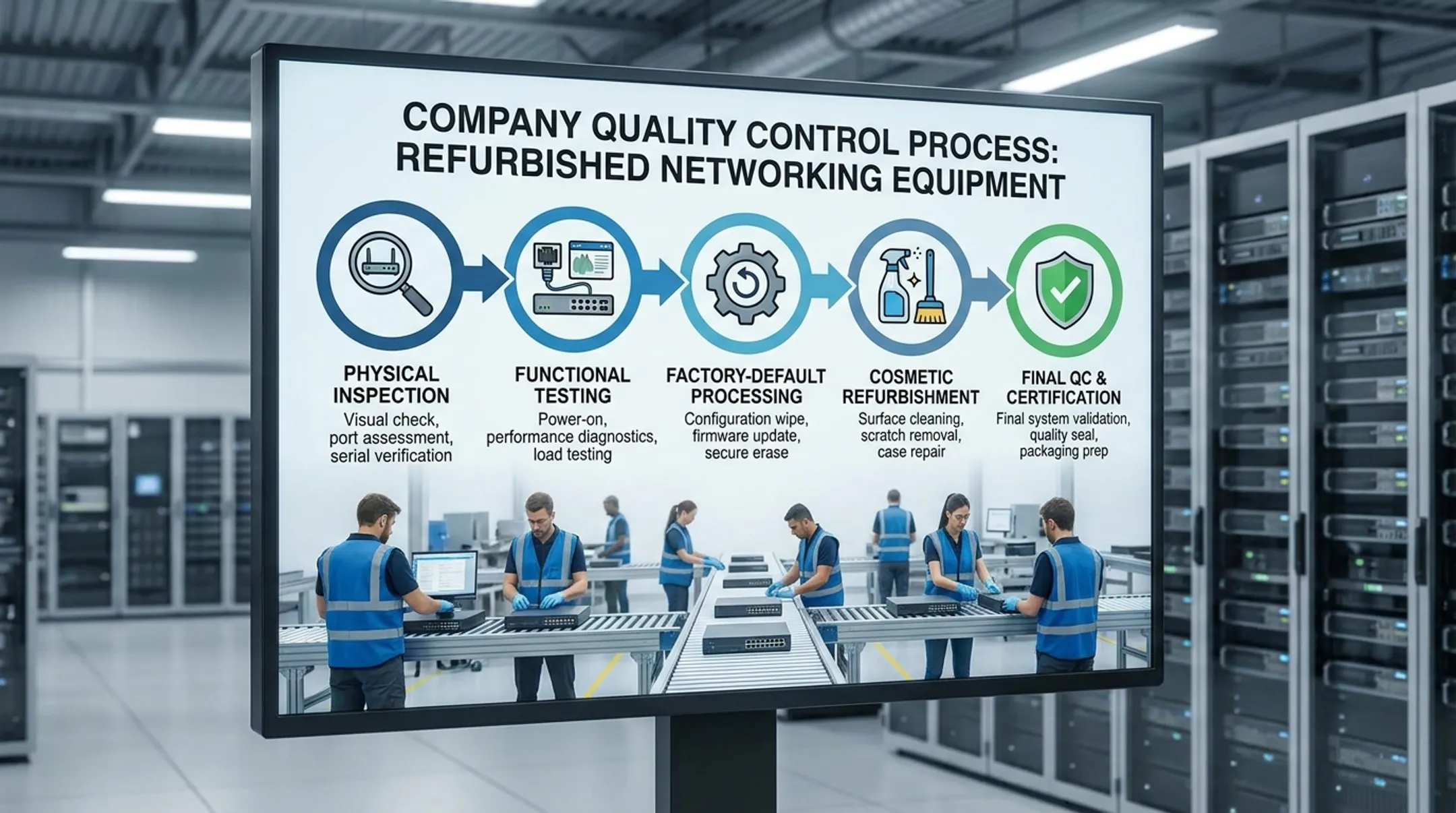 Five-step equipment quality control process for networking hardware resale