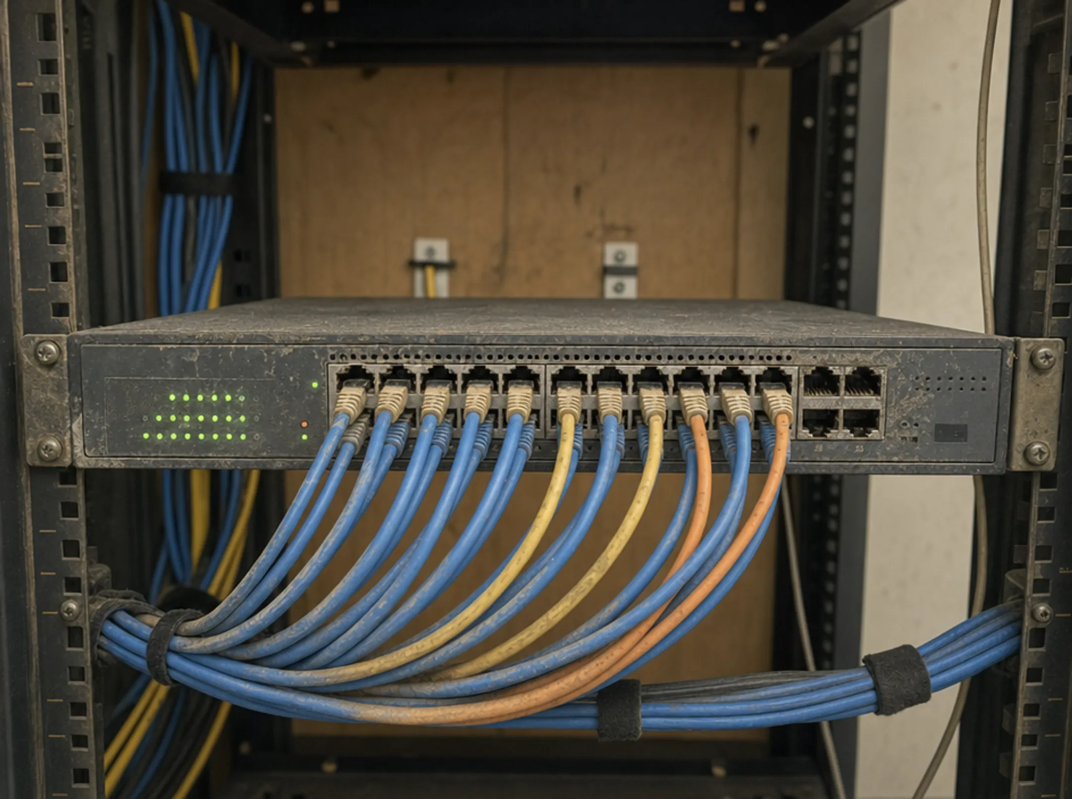 Aging network switch hardware with worn ports and components in server rack