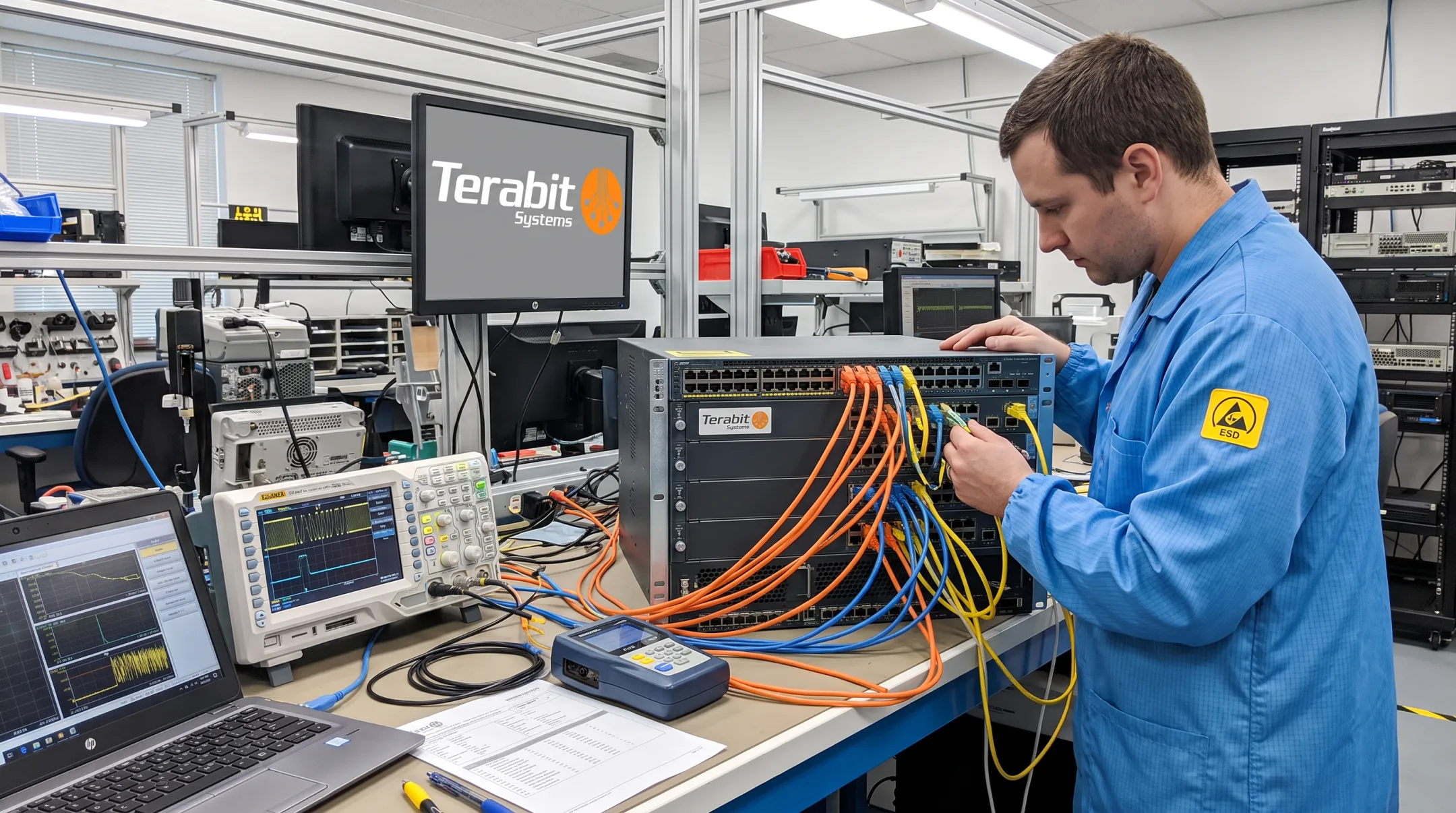 Refurbished enterprise switch undergoing five-step quality testing process