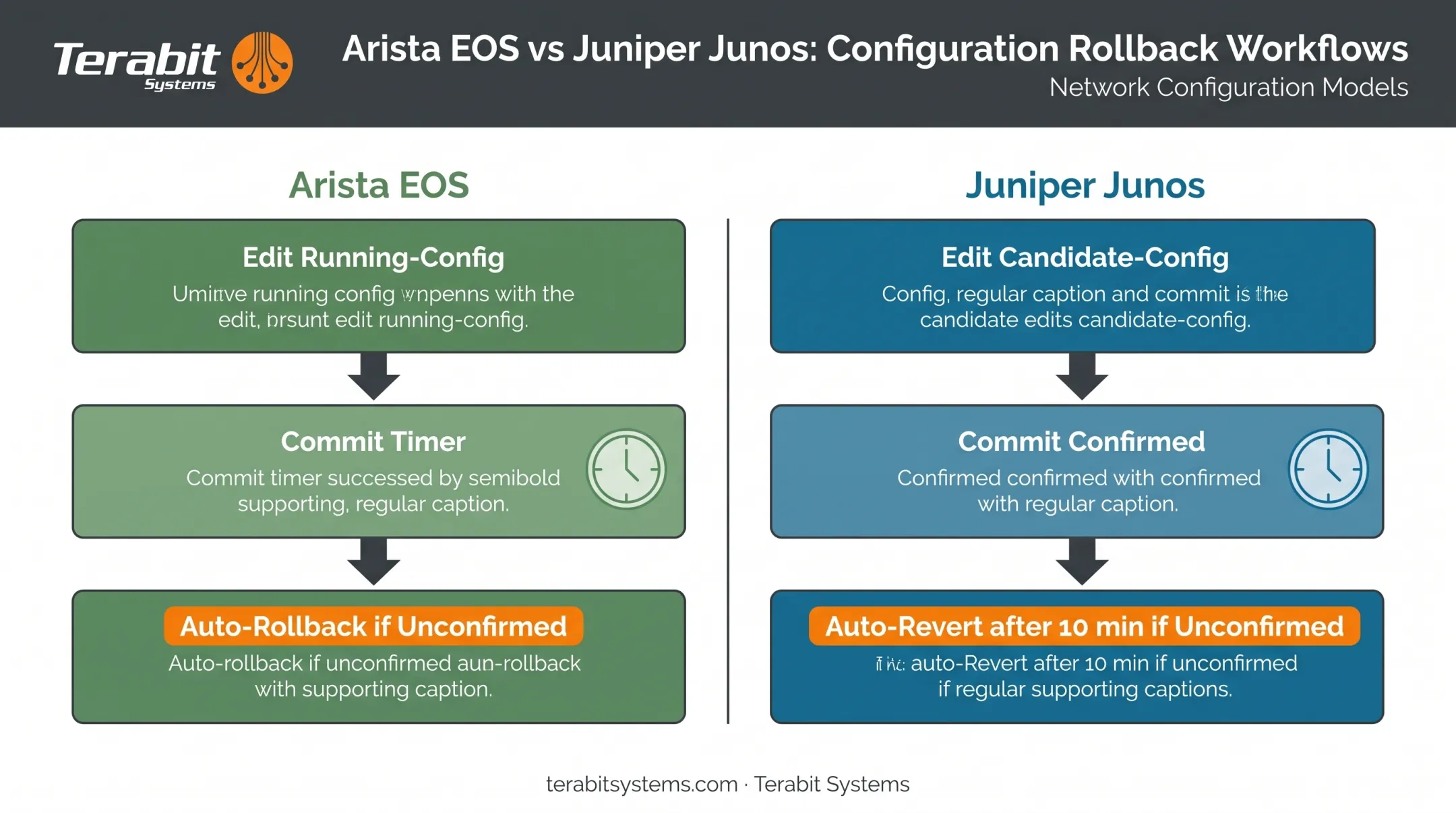 Arista running-config versus Juniper candidate-config workflow comparison diagram