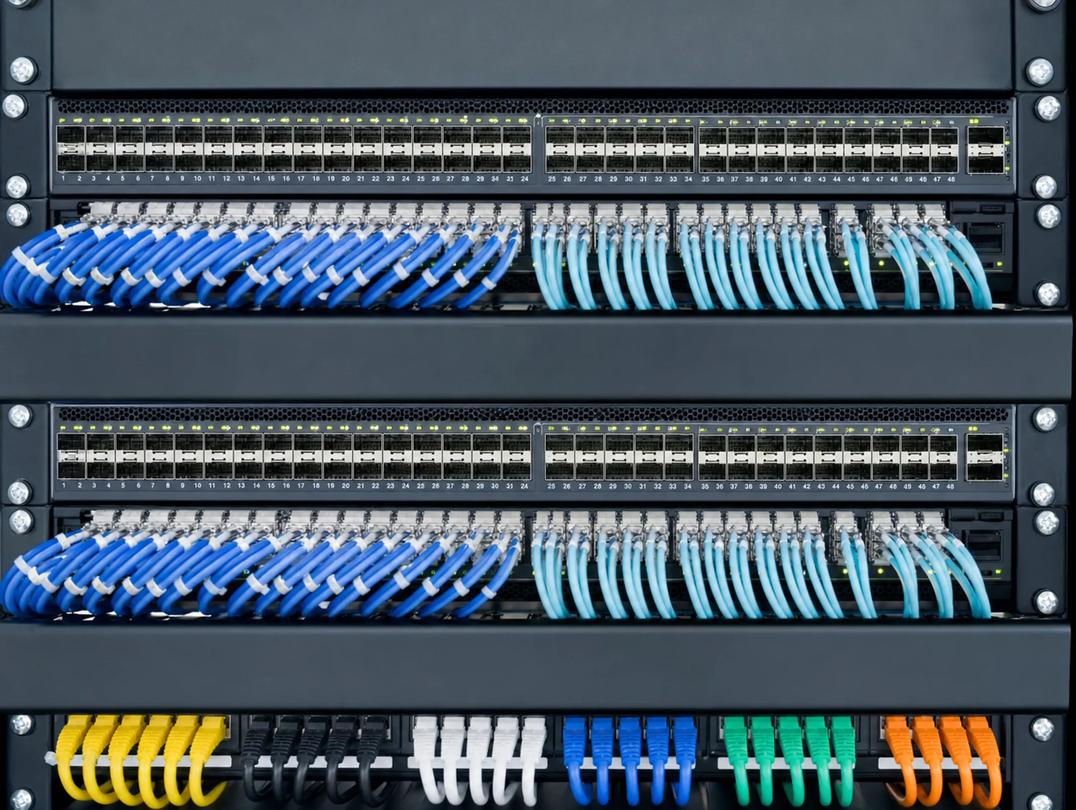 Data center rack with high-density Ethernet leaf-spine switching hardware