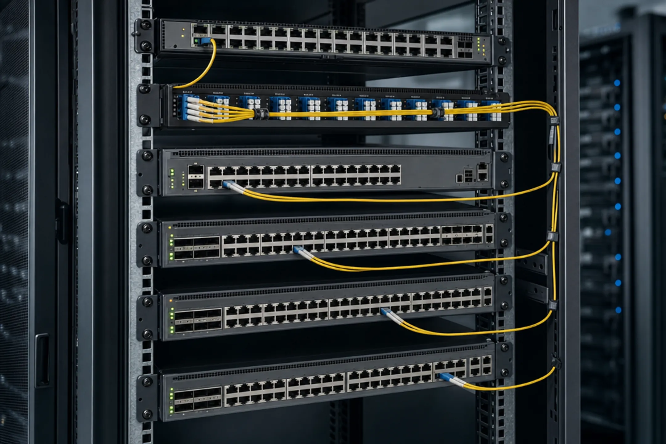 Enterprise networking switches and routers stacked in data center rack