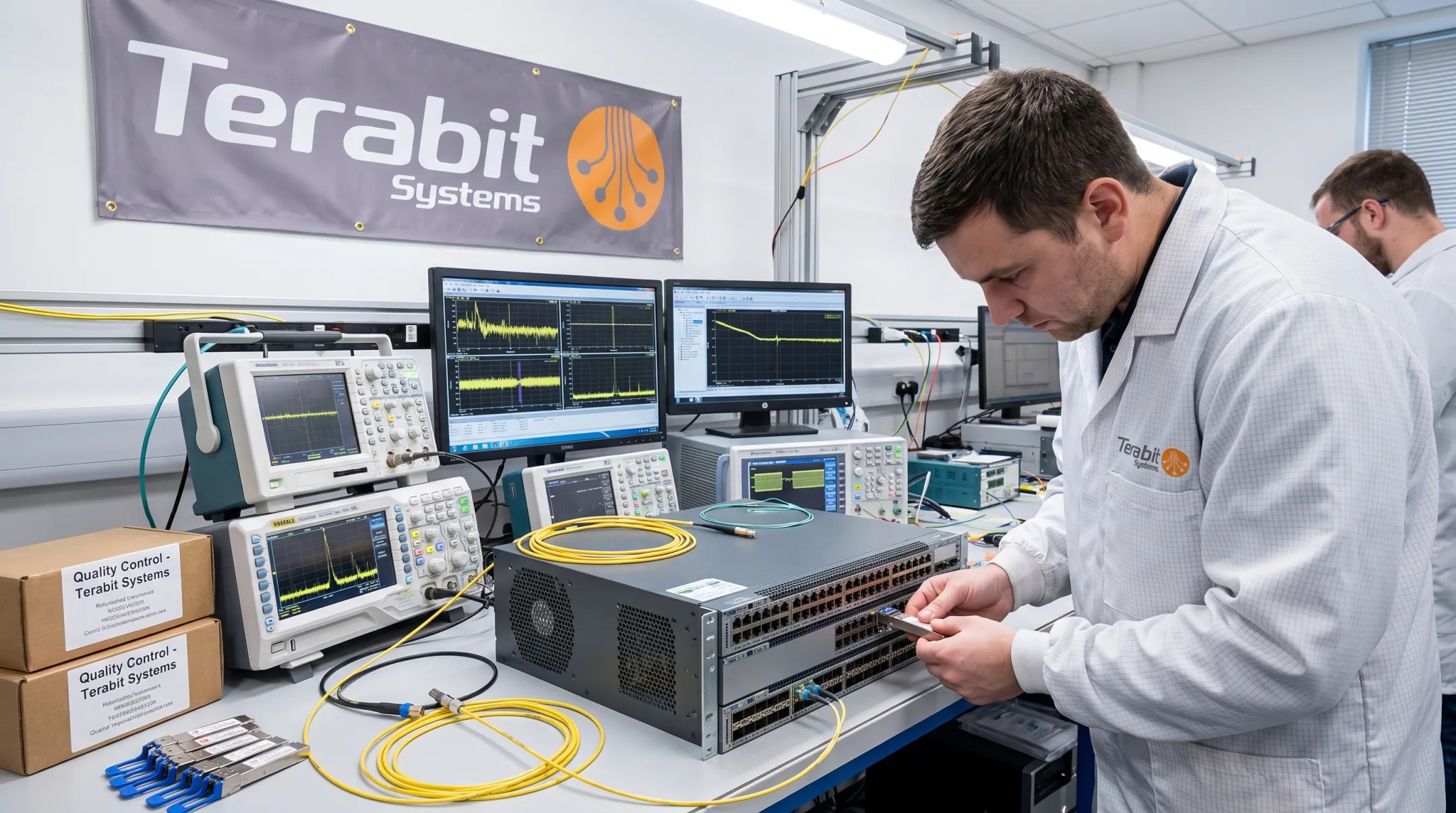 Technician testing refurbished optical transceivers with live network traffic