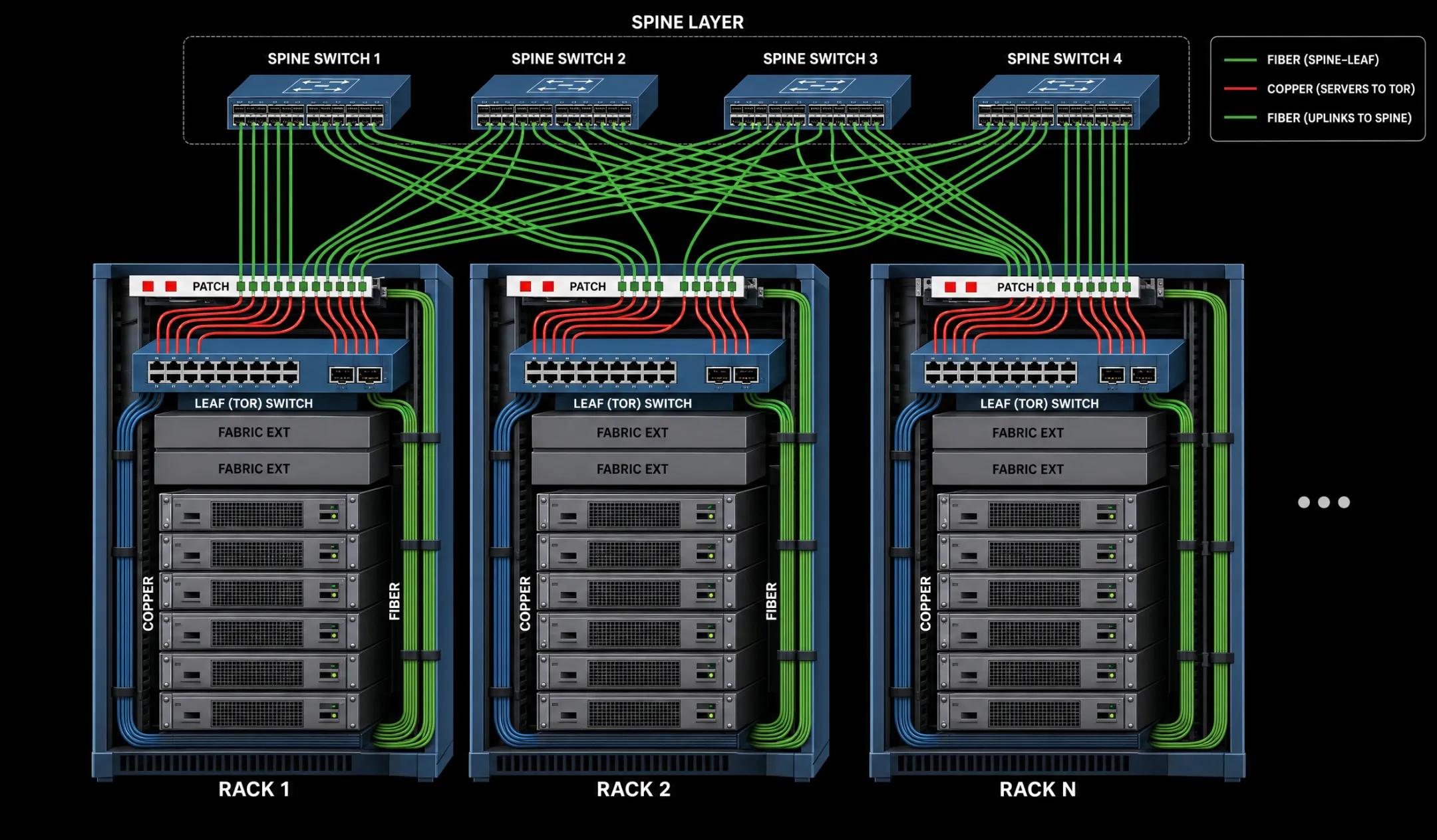 Data center leaf-spine network architecture with rack-mounted switches