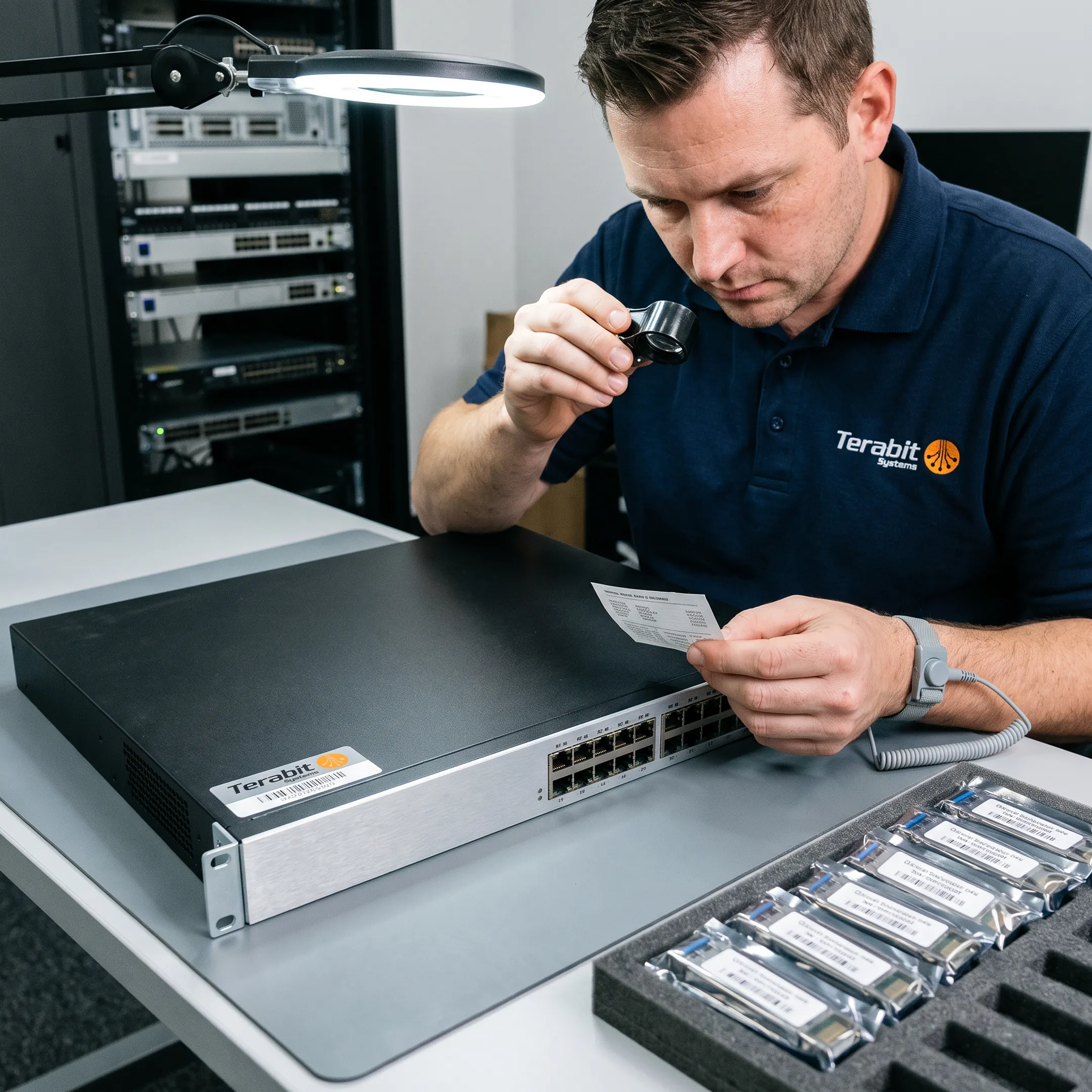 Technician inspecting refurbished network switch