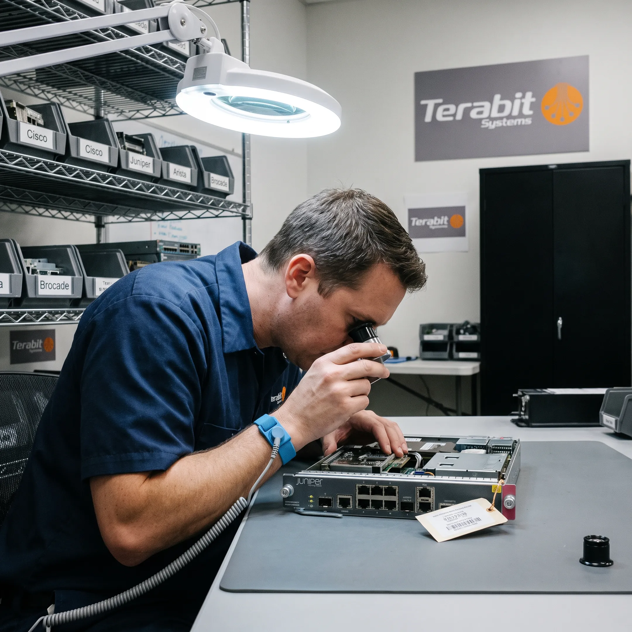 Technician inspecting enterprise routing hardware