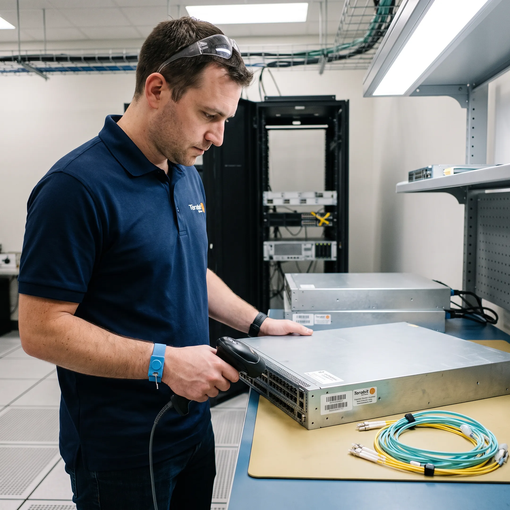 Technician inspecting a refurbished network switch