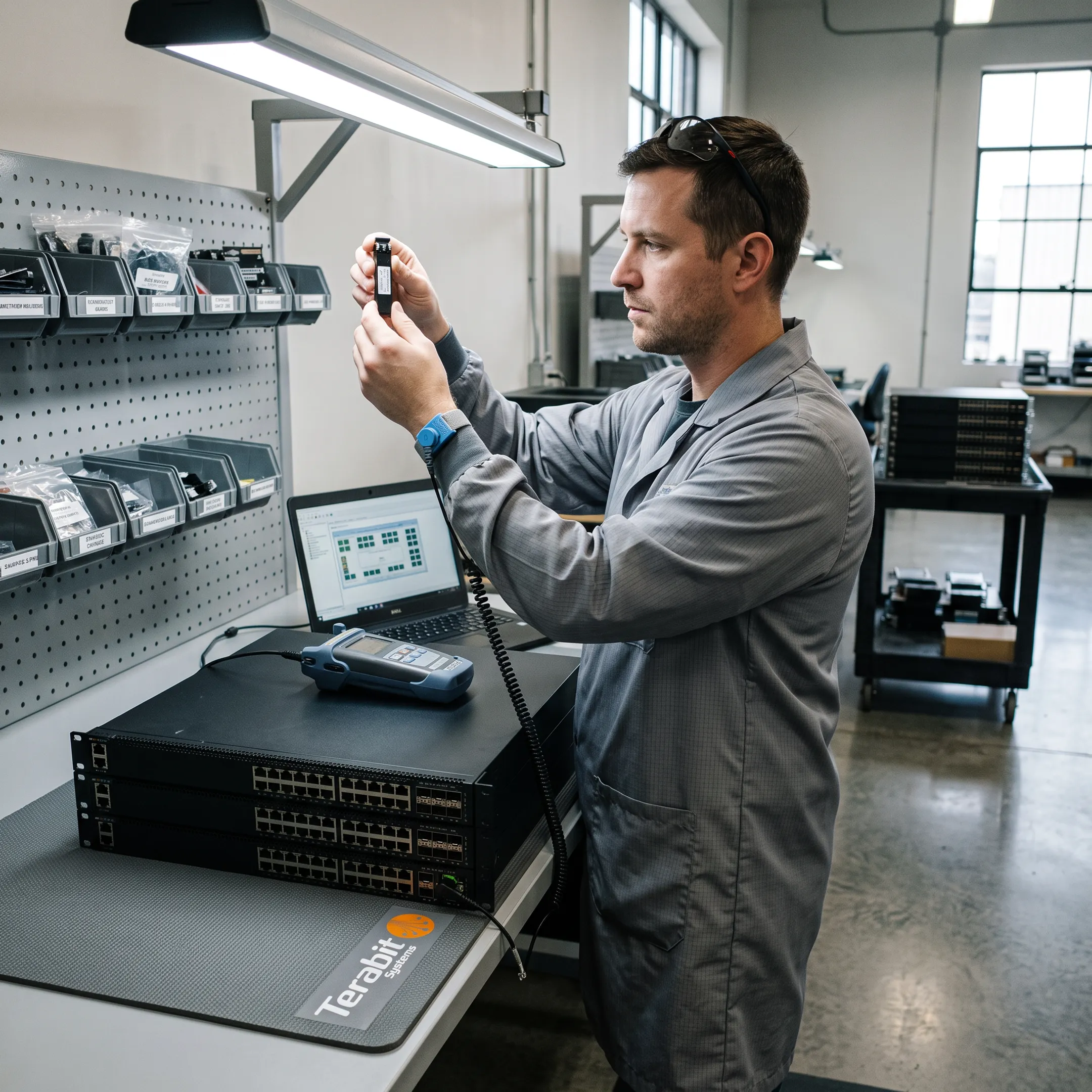 Technician inspecting enterprise router hardware