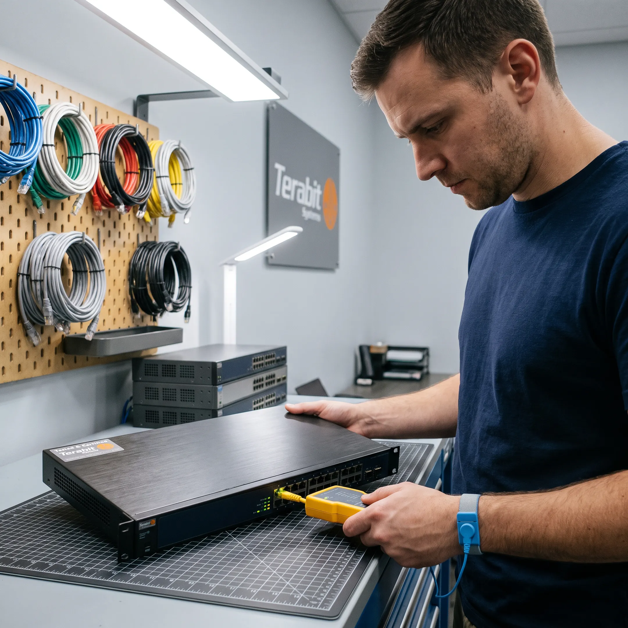 Technician inspecting a refurbished Ethernet switch
