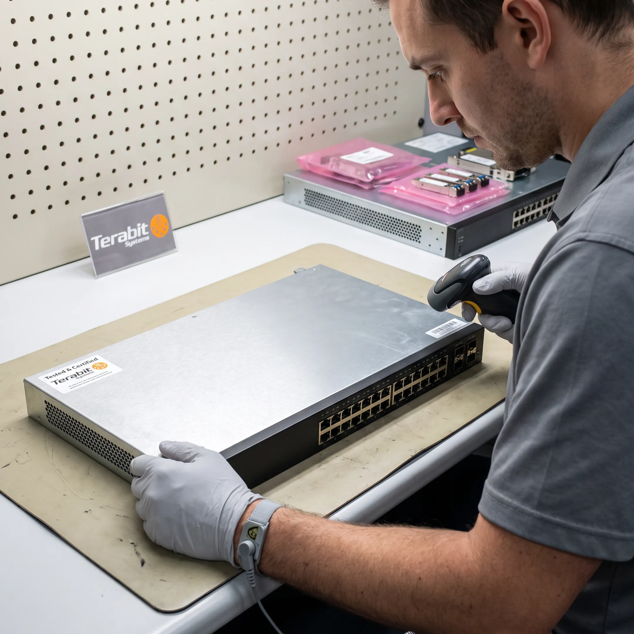 Technician inspecting a refurbished network switch