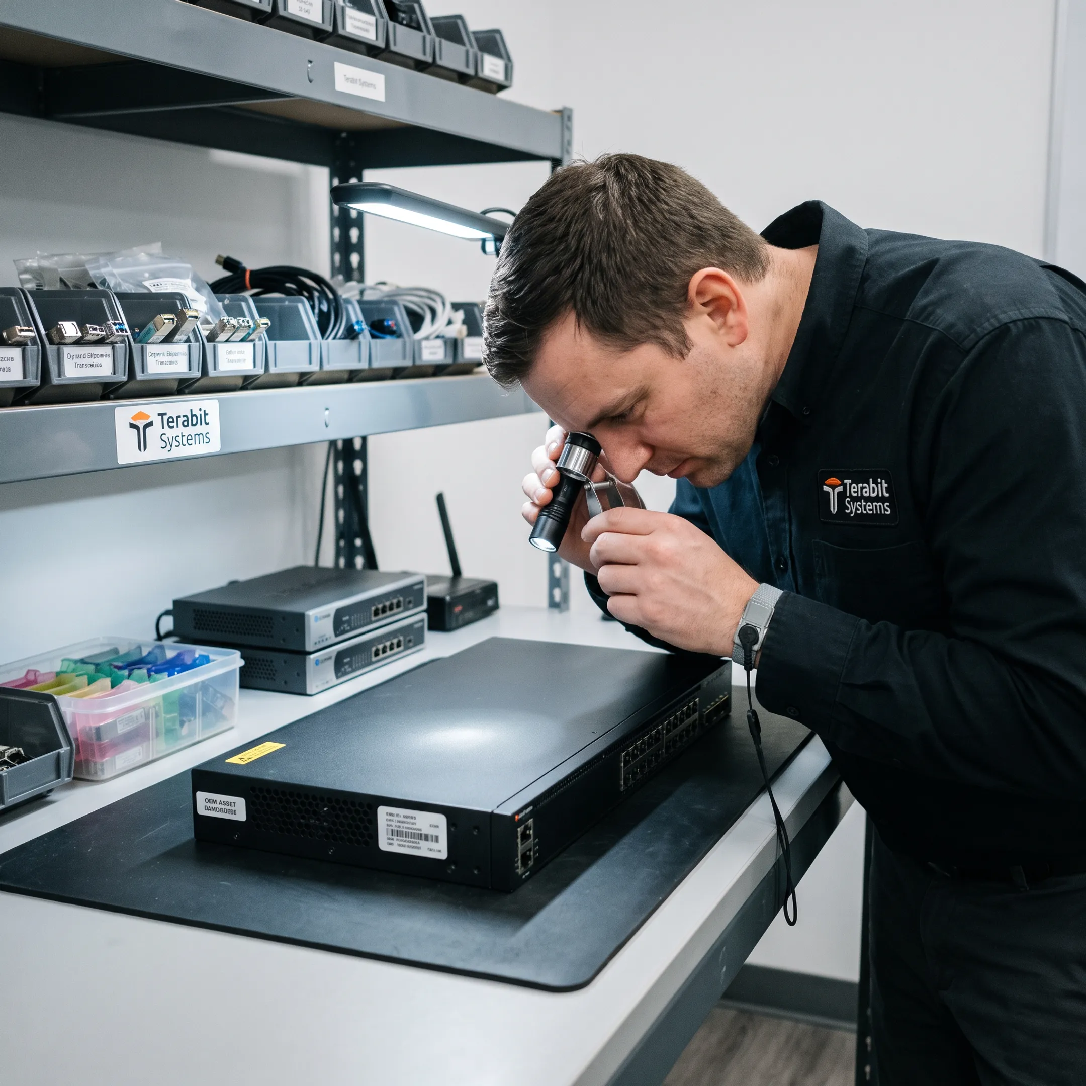Technician inspecting used network switch